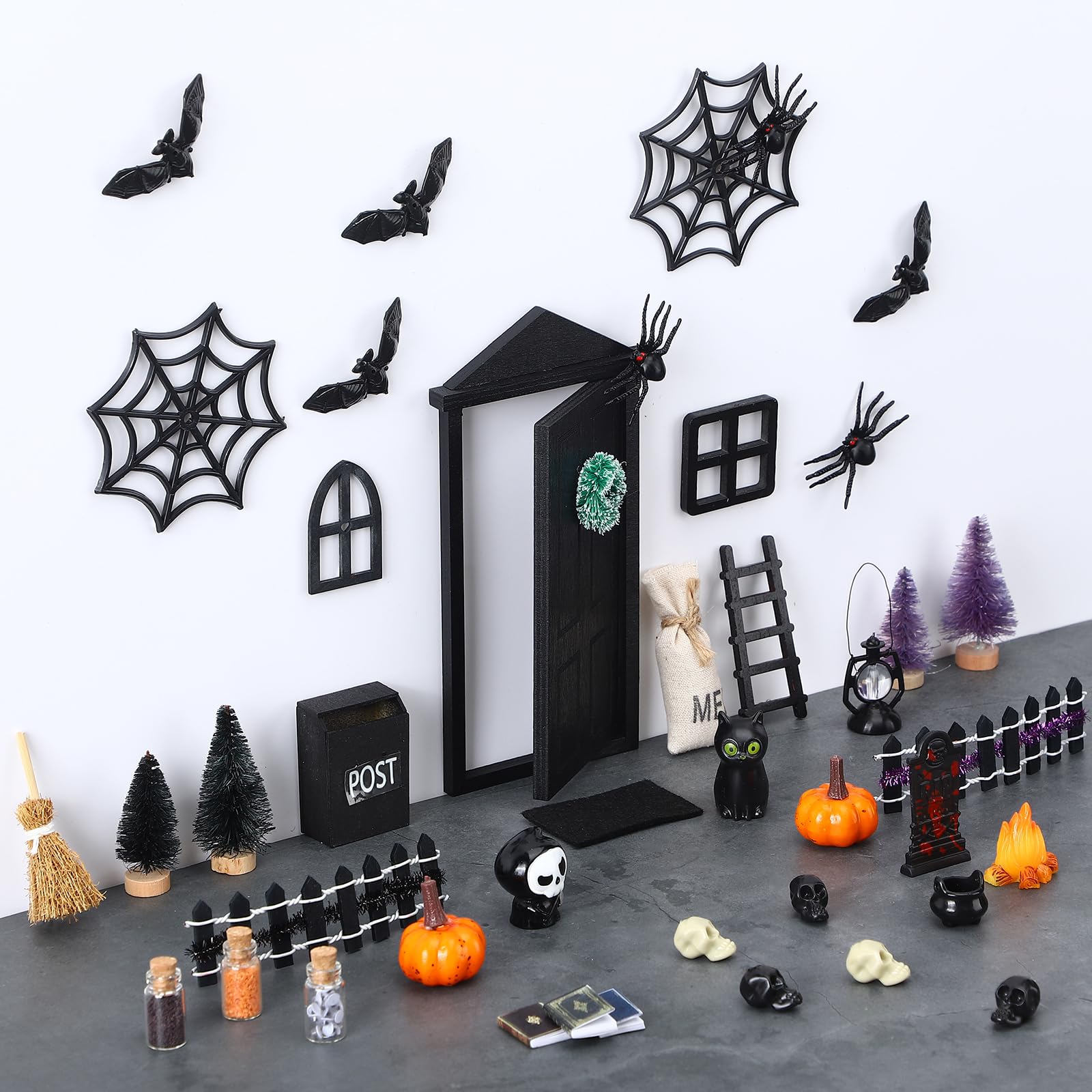 Sumind 52 Pcs Halloween Mini House Door Kit - Black Fairy Garden Miniature Accessories for DIY Crafts, Halloween Decorations & Mini House Decor Set - Perfect for Spooky Home Decor, Party Favors & Gift Giving