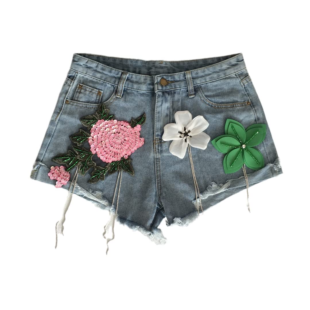 3D Floral Embroidered Denim Shorts for Women - Summer Street Fashion with Diamond Fringe & Sequin Beaded Details | Perfect for Beach Parties, Music Festivals & Night Out