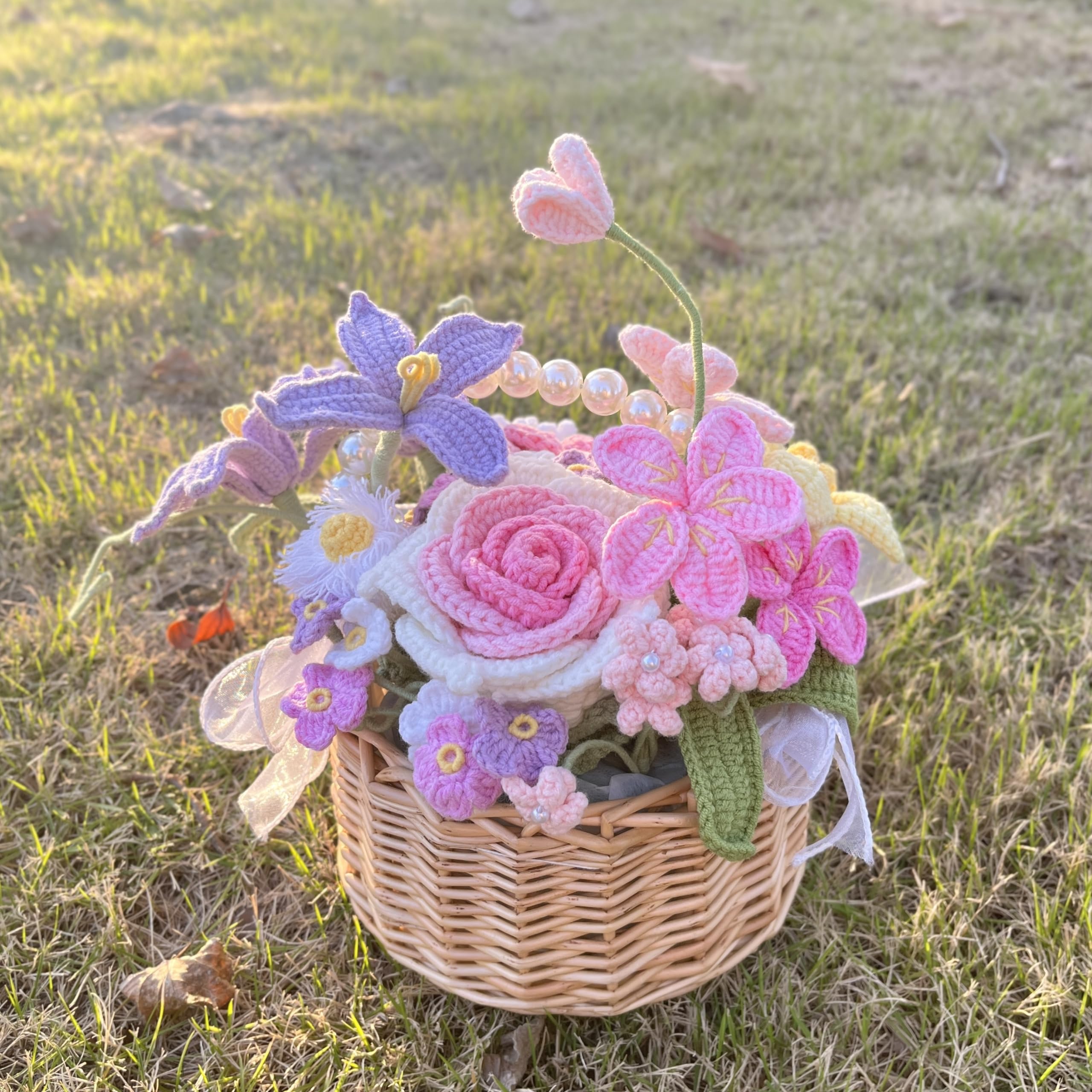 JOMODECOR Handmade Crochet Flower Basket - Artificial Potted Flowers with Forget-Me-Not, Daisy, Tulip & Rose - Perfect Gift for Girlfriend, Mom & Women - Home Office Desk & Bedroom Decor (Pink) - Ideal for Wedding Centerpieces, Baby Showers & Spring Home Decor