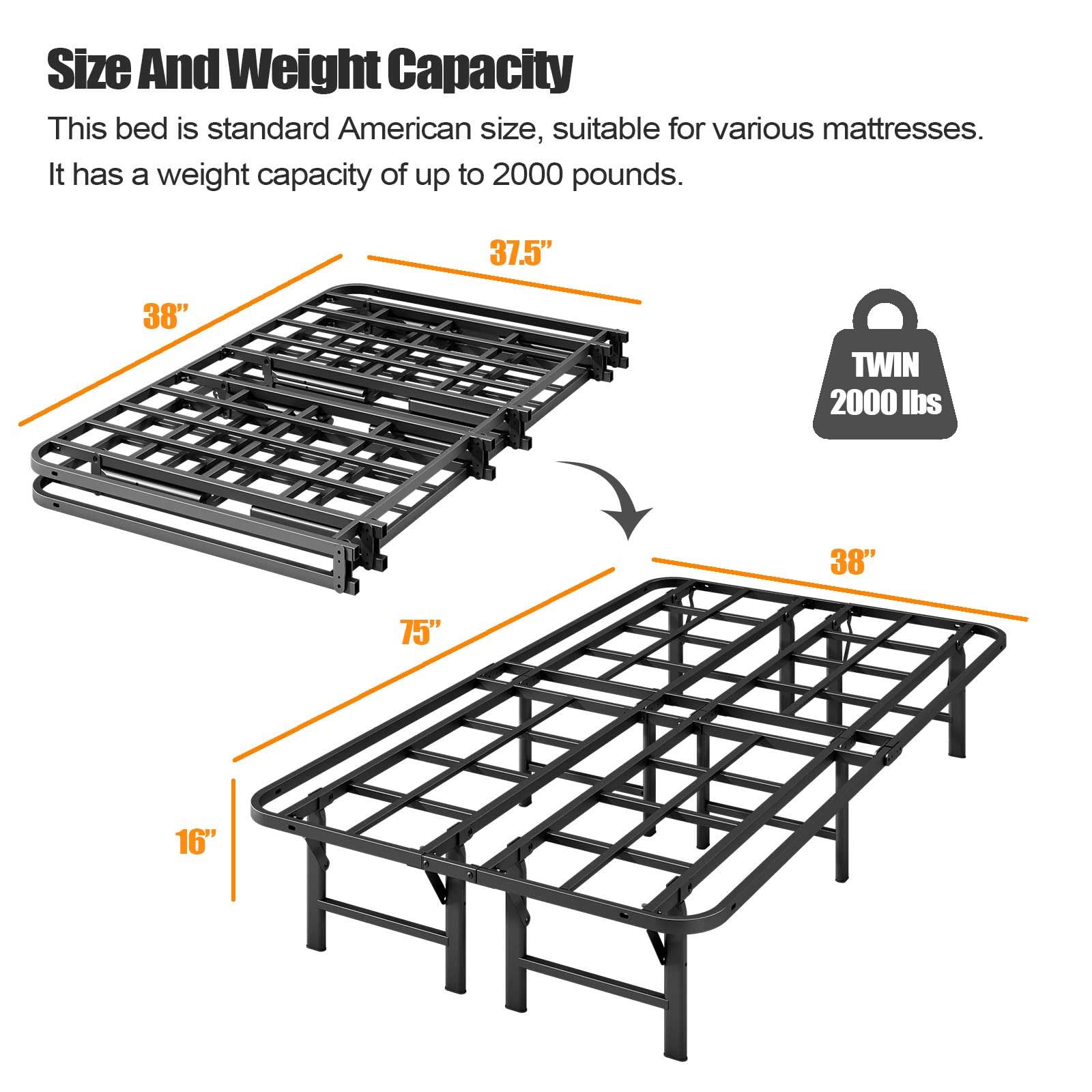 ZIYOO Twin Folding Bed Frame - 16 Inch Heavy Duty Metal Platform with Mattress Foundation, No Box Spring Needed | Quick Assembly, Noise Free, Black | Perfect for Guest Rooms, Dorms & Small Spaces