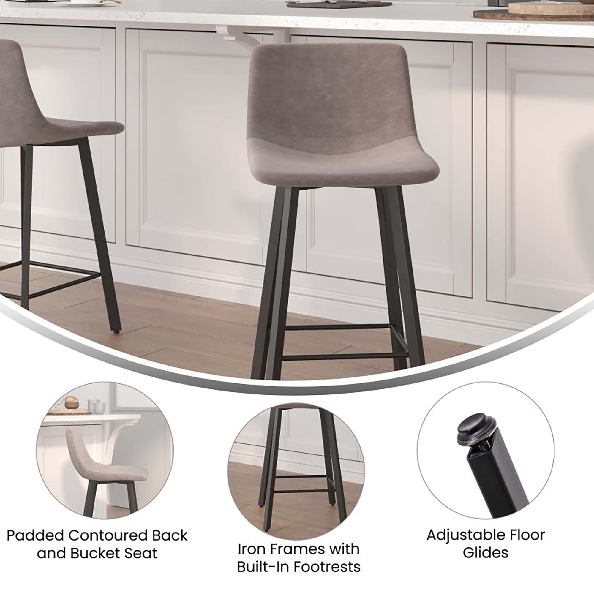 Flash Furniture Caleb Modern Armless 24 Inch Counter Height Stools - Set of 2, Commercial Grade with Footrests & Matte Metal Frames - Perfect for Kitchen Islands, Bars, and Dining Areas