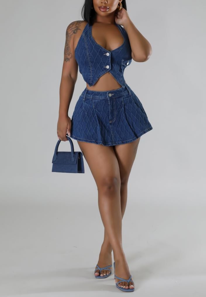 Stylish Women's 2-Piece Denim Skirt Set - Sexy Halter Tank Top & Jean Skort for Summer, Party & Night Out | Perfect for Club, Beach & Casual Wear