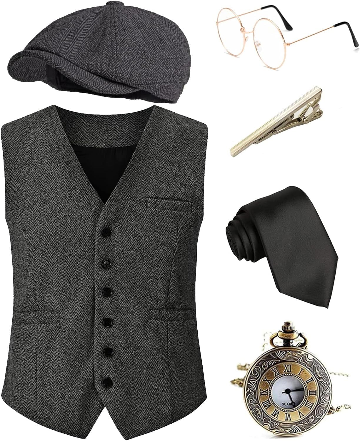 Vintage 1920s Mens Costume Accessories Set - Great Gatsby Outfit, Roaring 20s Pocket Watch & Gangster Fedora Hat for Halloween, Speakeasy Party & Themed Events