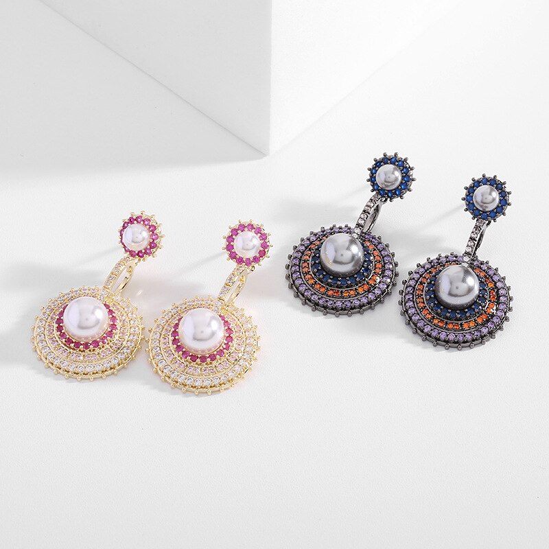 Luxury S925 Silver Pearl & Zircon Geometric Stud Earrings for Women - Elegant Multi-Layer Round Design for Parties, Weddings & Daily Wear