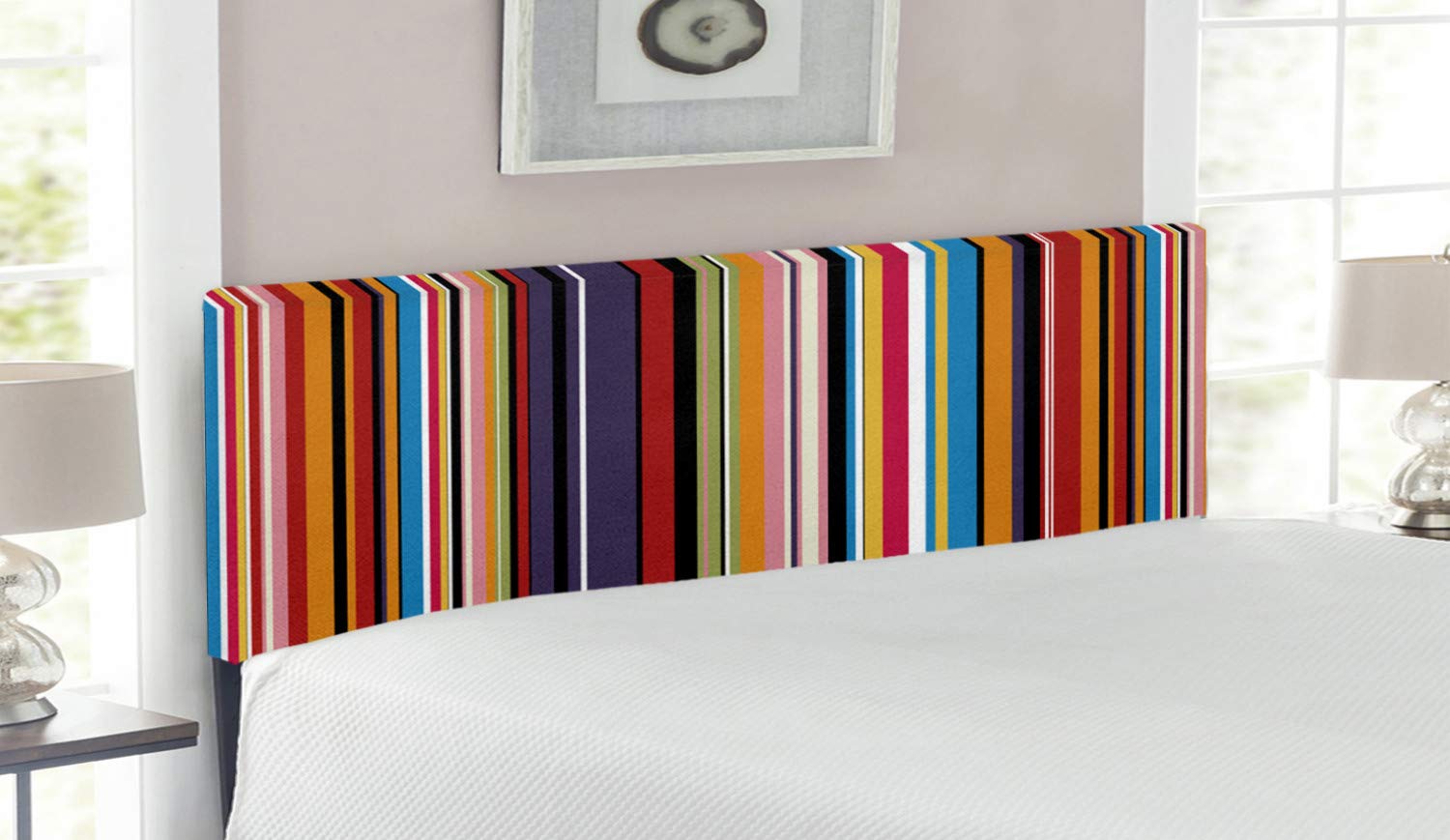 Ambesonne Abstract Upholstered Headboard - Vibrant Striped Vertical Pattern, Modern Tile Design, Memory Foam Padding - Queen Size Decorative Metal Bed Headboard (Multicolor) | Perfect for Contemporary Bedrooms, Guest Rooms & Dorm Decor