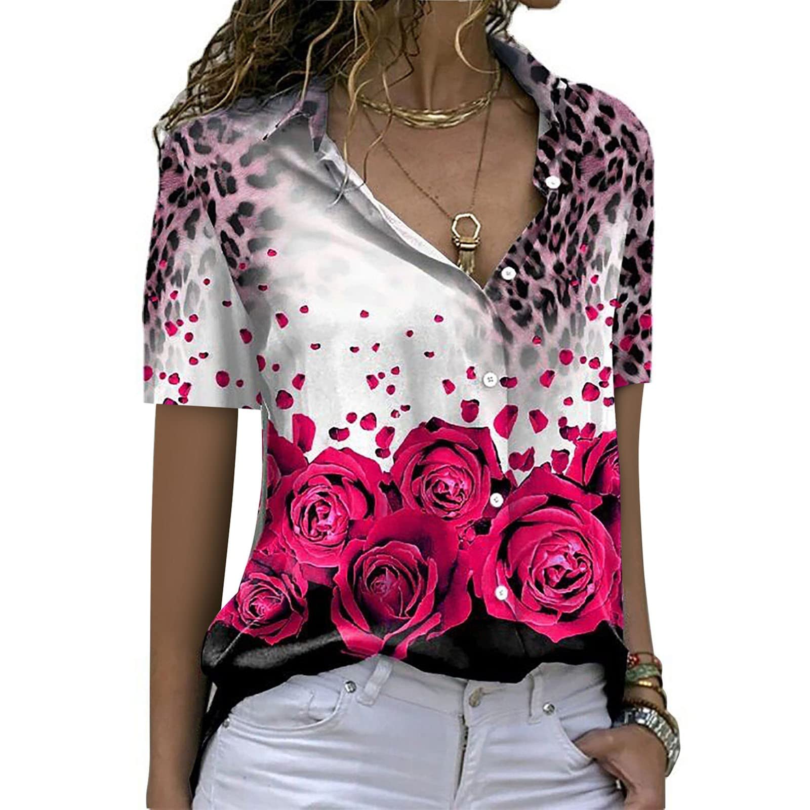 Colorful Casual Women's Printed Blouse with Splice Sleeve, Collar & Button Front - White Pocket T-Shirt for Work, Dating & Everyday Wear