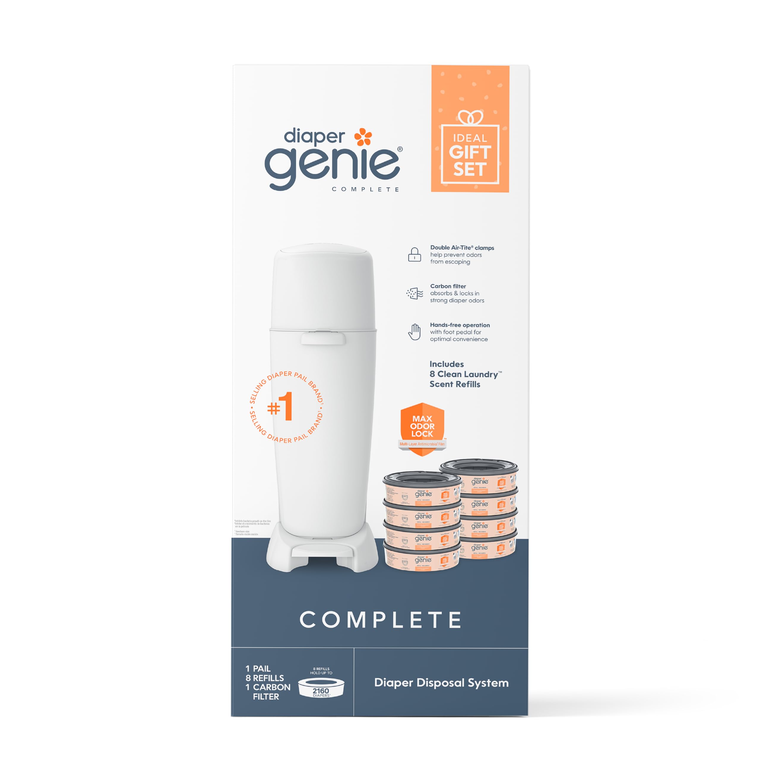 Diaper Genie Complete Diaper Pail with 8 Refill Bags & Carbon Filter - Baby Registry Gift Set | Essential Nursery Starter Kit for New Parents | Odor Control & Convenient Diaper Disposal System