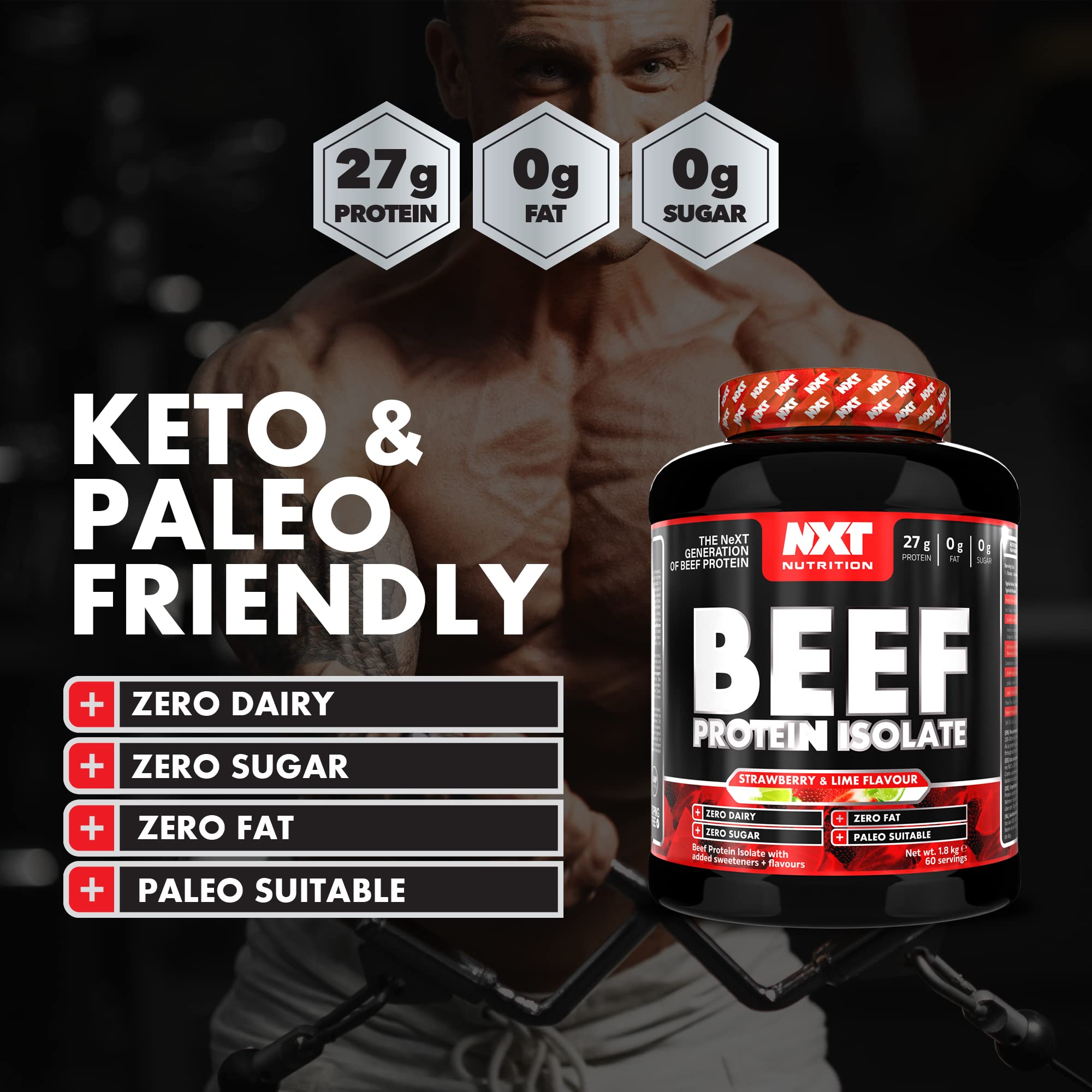 NXT Nutrition Beef Protein Isolate Powder - High Protein, Natural Amino Acids, Paleo & Keto Friendly, Halal Certified - Lactose, Dairy, Gluten & Soy Free - 1.8Kg (4 lbs) Strawberry Lime Flavor - Ideal for Post-Workout Recovery & Muscle Building