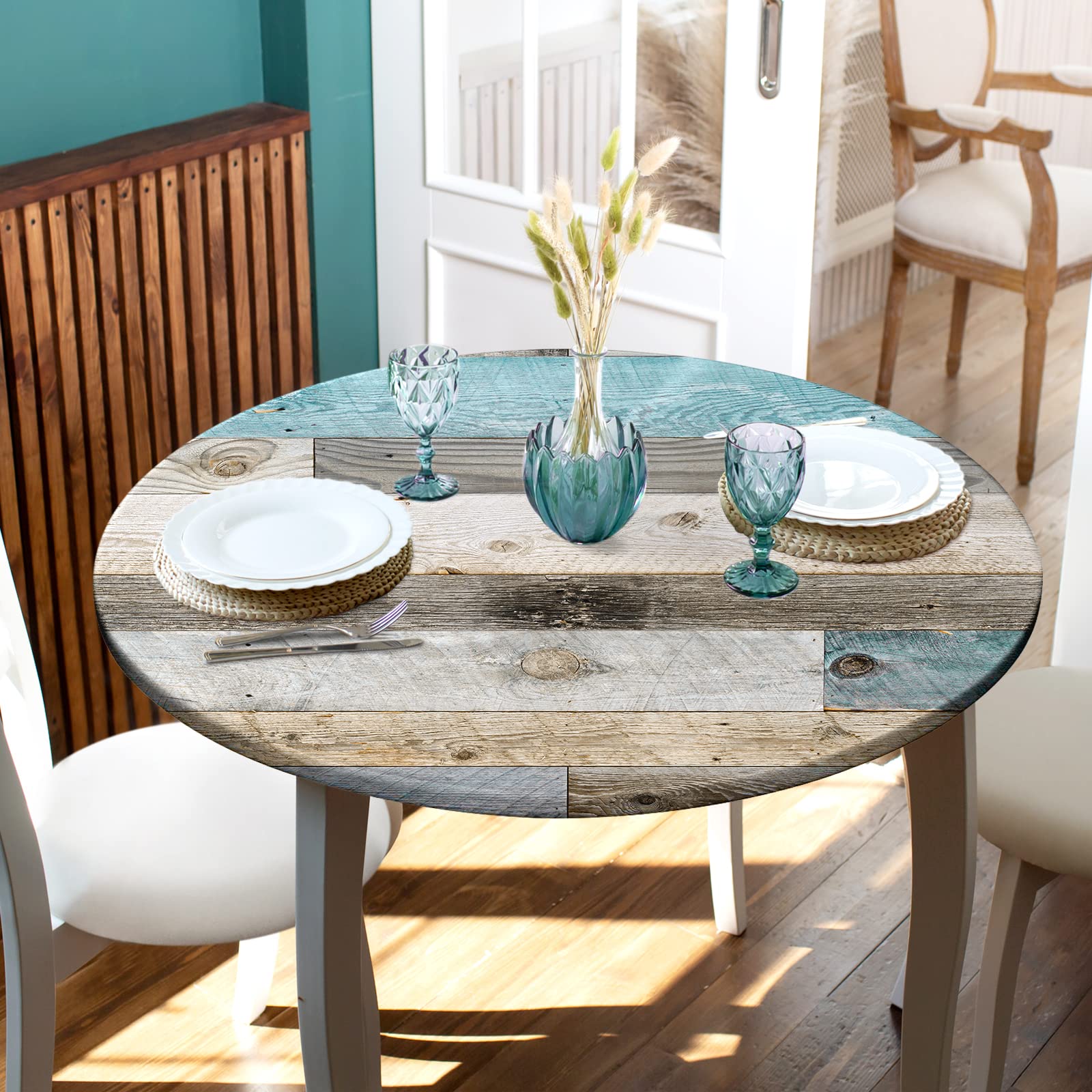 Farmhouse Round Fitted Tablecloth with Elastic Edge - Wood Texture Washable Table Cover for Kitchen, Dining, Picnic & Outdoor Party - Fits 36-44 Inch Round Tables - Durable & Reusable Home Decor