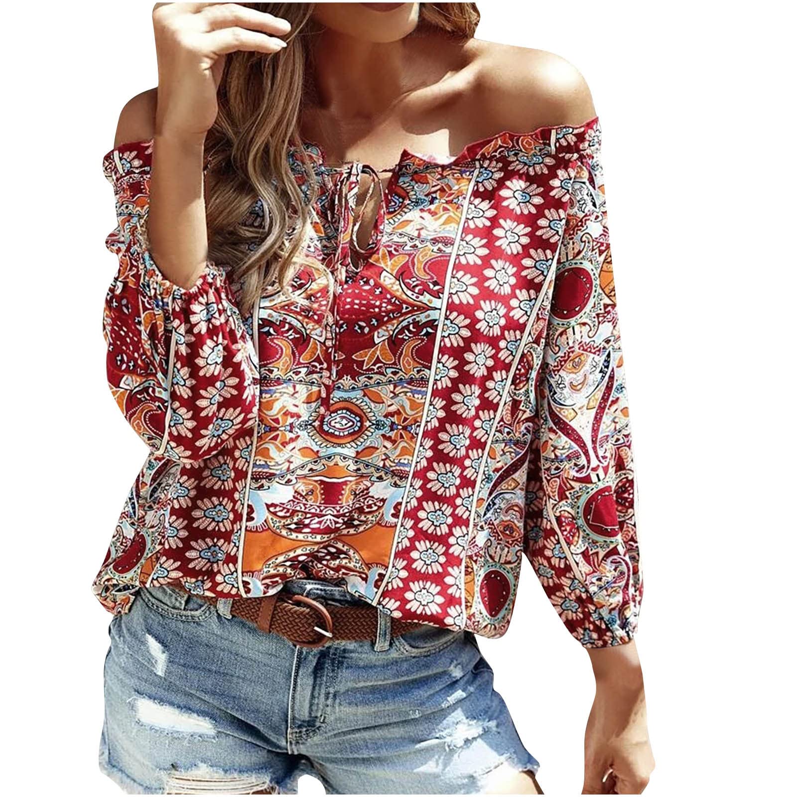 Women's Off Shoulder Floral Print Boho T-Shirt - Elegant Long Sleeve Blouse for Casual & Dressy Occasions | Perfect for Date Night, Parties & Summer Outfits