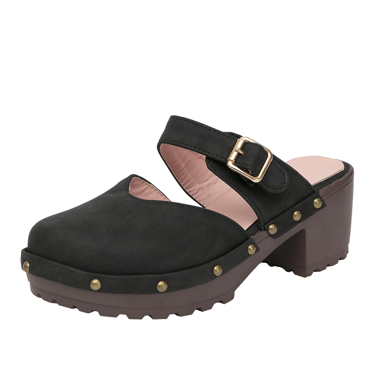 Getmorebeauty Women's Chunky Heel Mule Clogs - Slip-On Buckle Closed Toe Platform Shoes with Classic Rivet Details | Comfortable & Stylish for Casual Outings, Office Wear & Date Nights