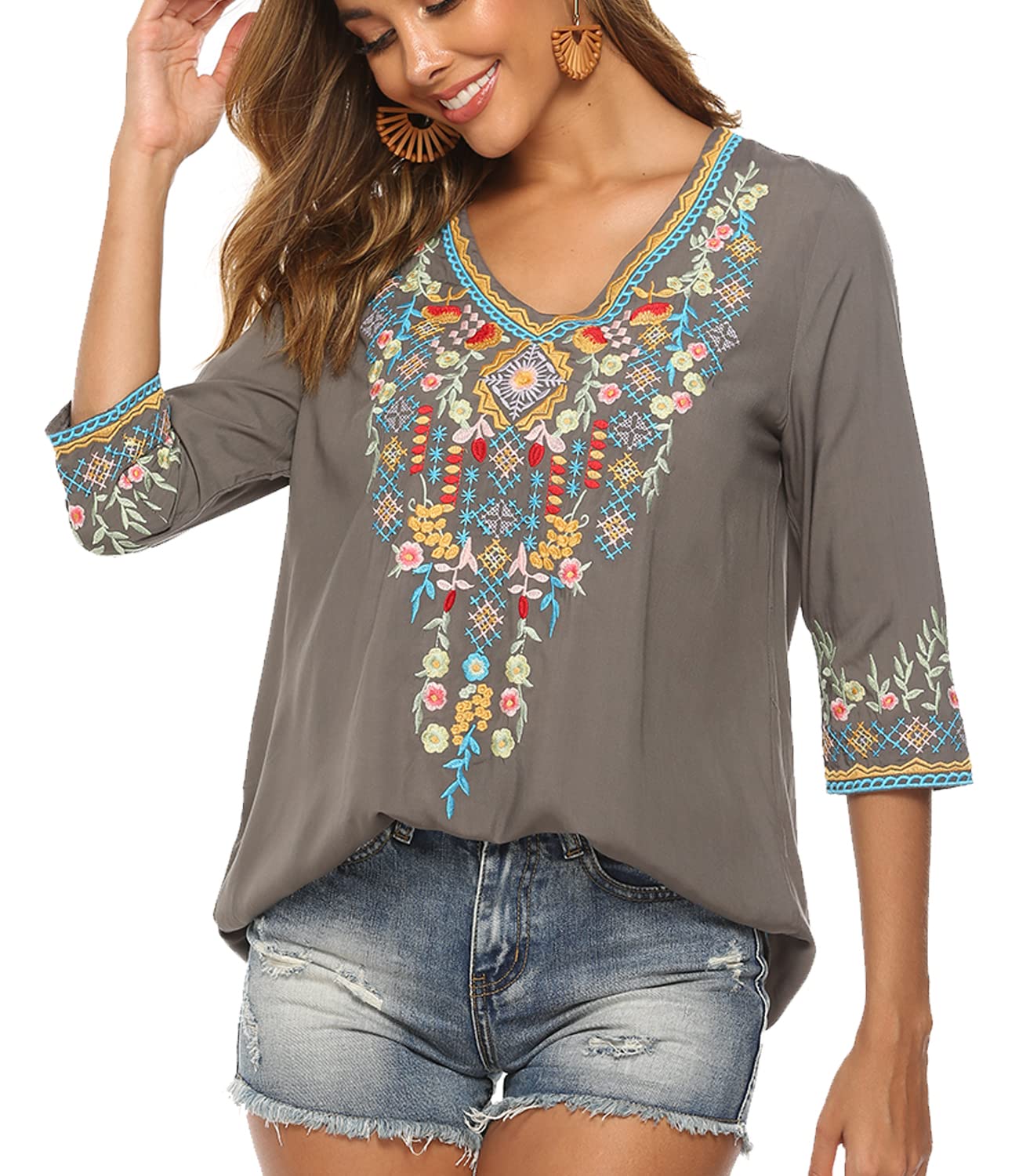 Higustar Mexican Embroidered Tops for Women - Bohemian Hippie Tunic Shirts, Plus Size Boho Peasant Blouses - Perfect for Fiesta, Beach & Festival Wear