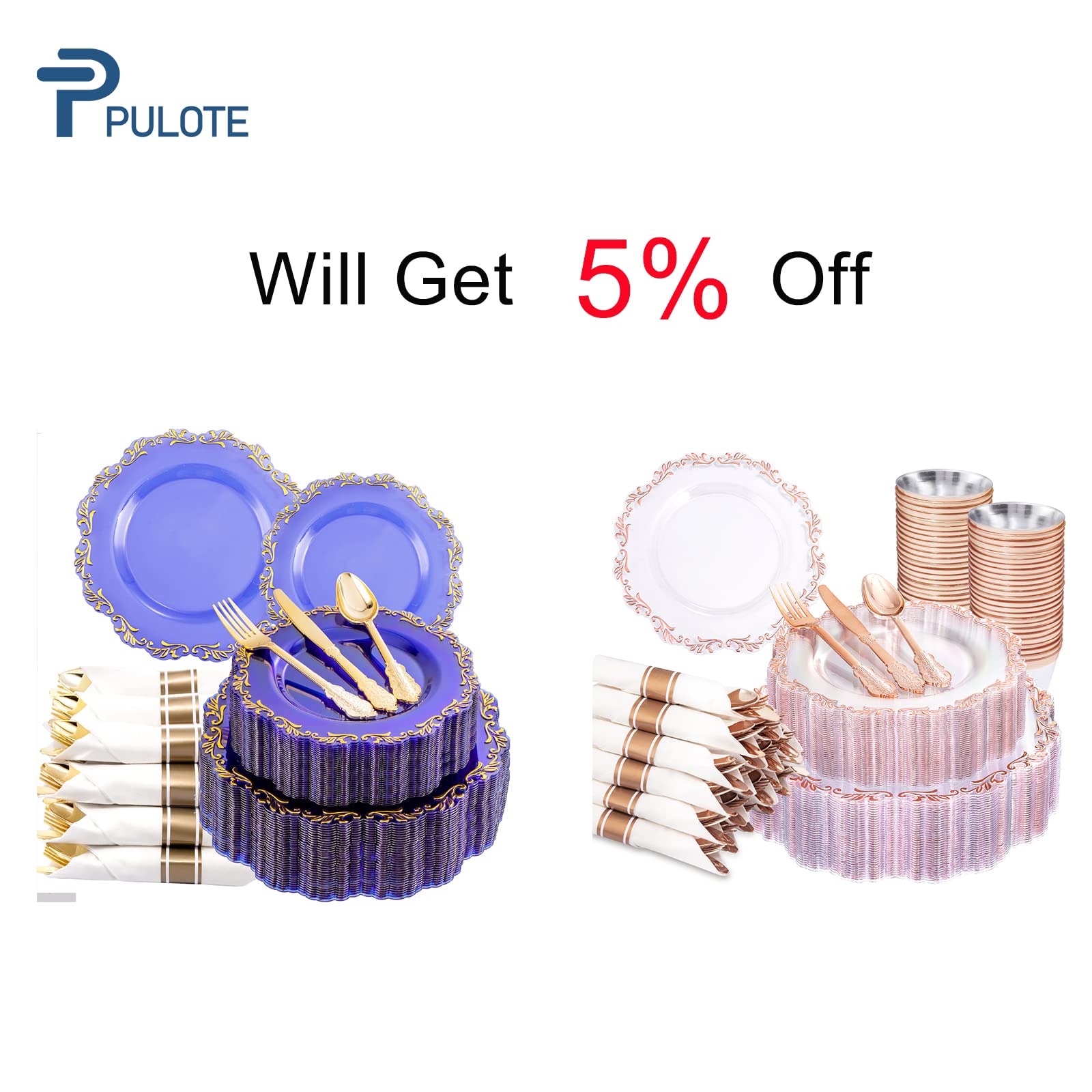 PULOTE 40-Pack Blue Plastic Plates with Rose Gold Trim - 175-Piece Disposable Dinnerware Set for Parties, Weddings & Events - Elegant & Durable Plastic Plates for Large Gatherings