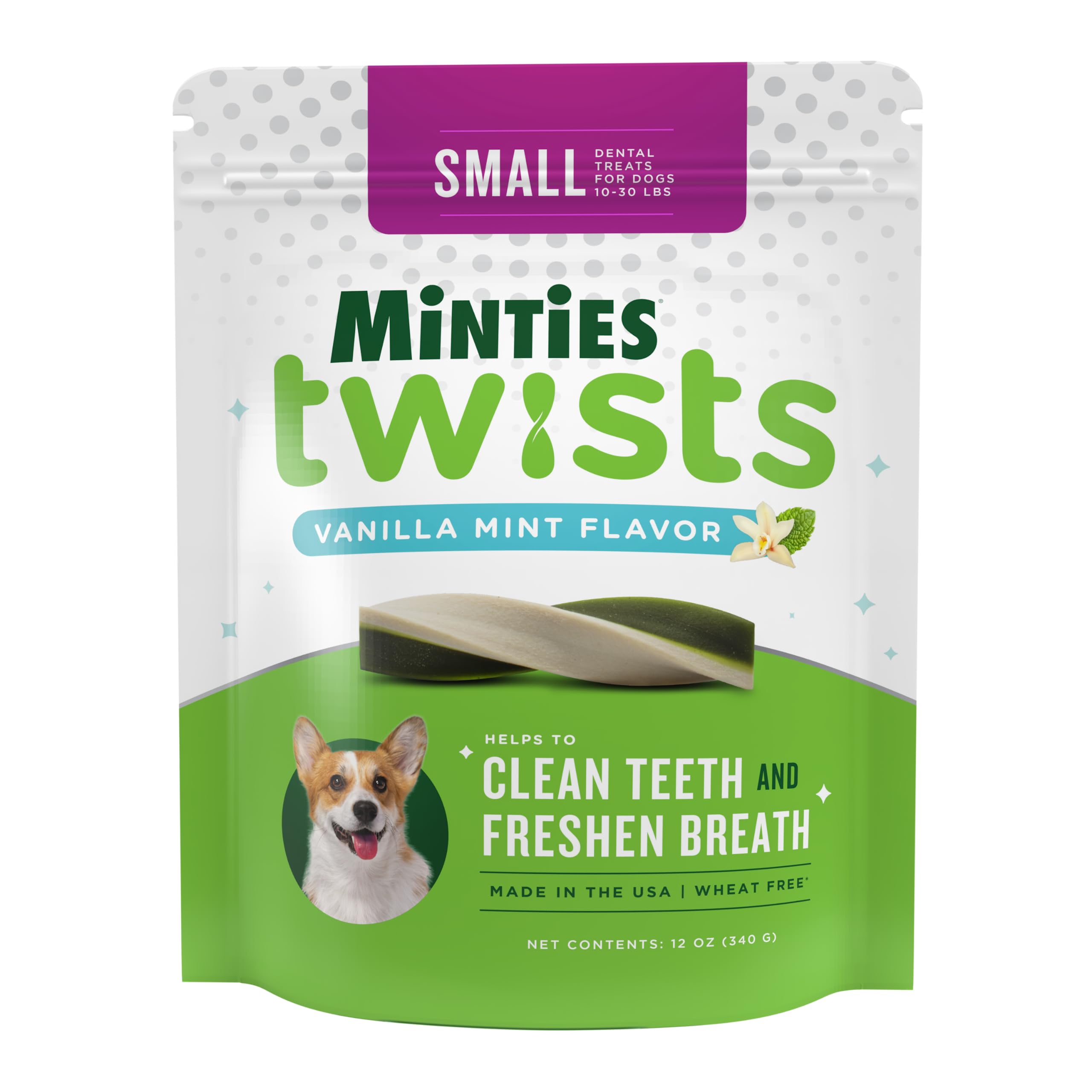 Vet-Recommended Minties Dental Twists for Small Dogs 5-39 lbs | Vanilla-Flavored Dental Chews to Clean Teeth, Fight Bad Breath & Remove Plaque | 12oz Pack - Perfect for Daily Oral Care & Fresh Breath at Home or Travel