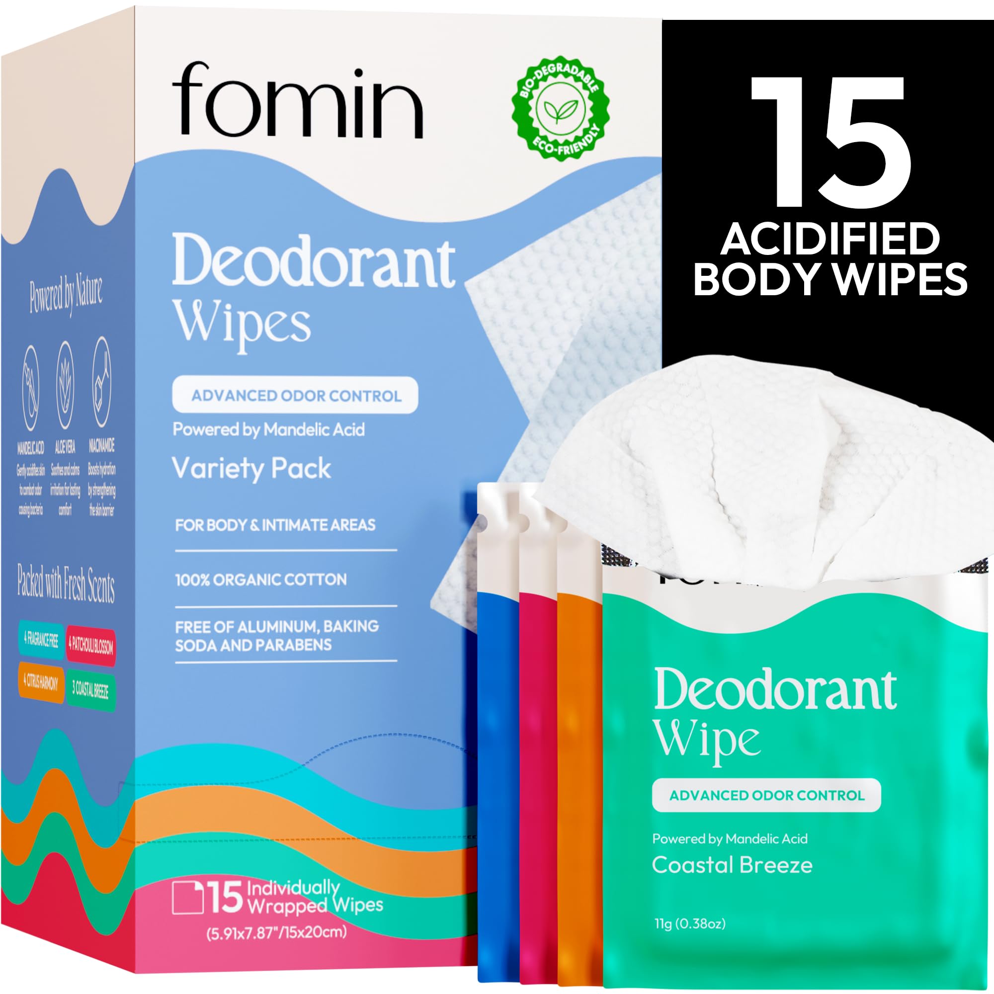 FOMIN Acidified Travel Deodorant Wipes for Women & Men - 15 Count Variety Pack | pH Balanced Mini Deodorant Wipes | Plastic-Free, Individually Wrapped Body Wipes for Underarms | Perfect for Gym, Travel & On-the-Go Freshness