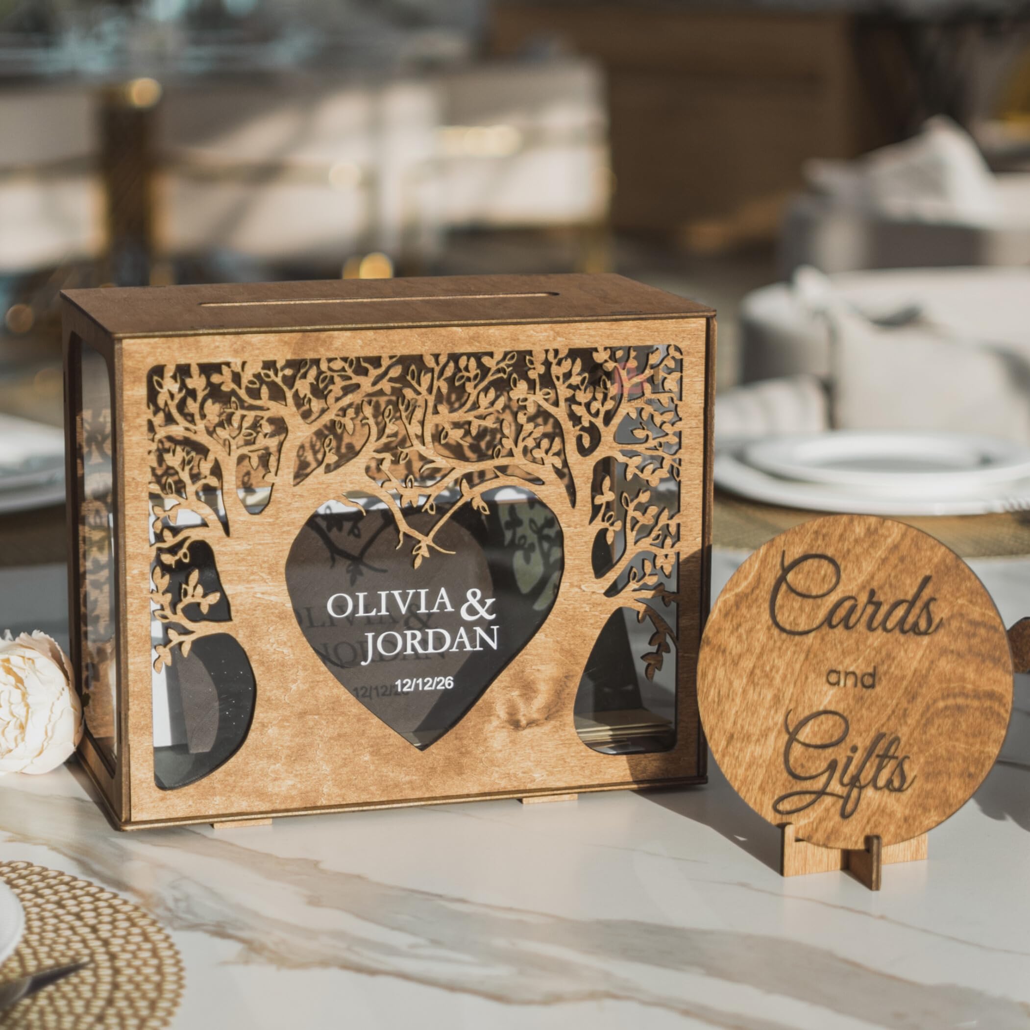 Personalized Wooden Wedding Card Box - Custom Rustic Money & Card Holder with Tree Design - Elegant Bridal Shower, Birthday Gift Box - Perfect for Wedding Reception, Anniversary & Special Events