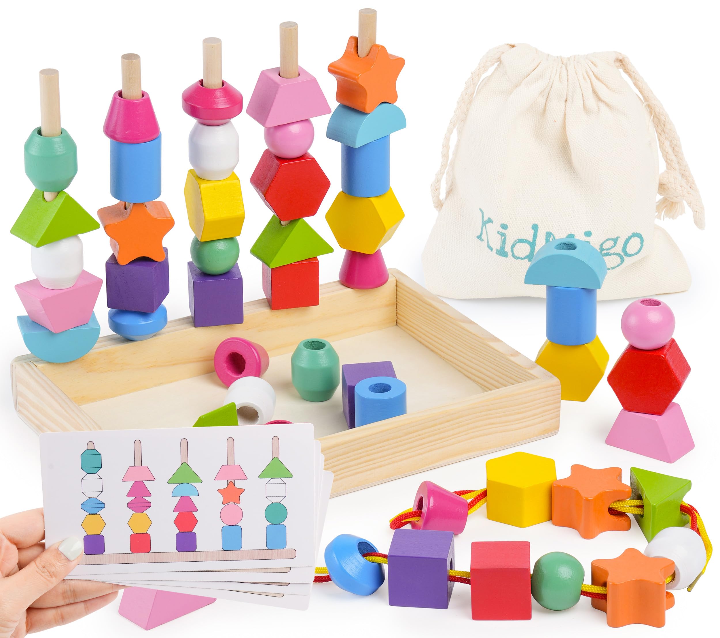 **Montessori Toys for 3-5 Year Olds – Wooden Stacking Blocks, Lacing Beads & Shape Matching Games – Educational Toddler Learning Toys with Canvas Storage Bag – Perfect for Preschool, Homeschool & Daycare Activities**