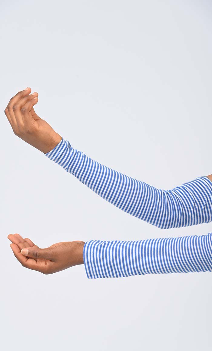 Blue Knitted Stripe Arm Warmers - Soft Winter Hand Cover Sleeves for Women & Men - Perfect for Cold Weather, Office, and Outdoor Activities