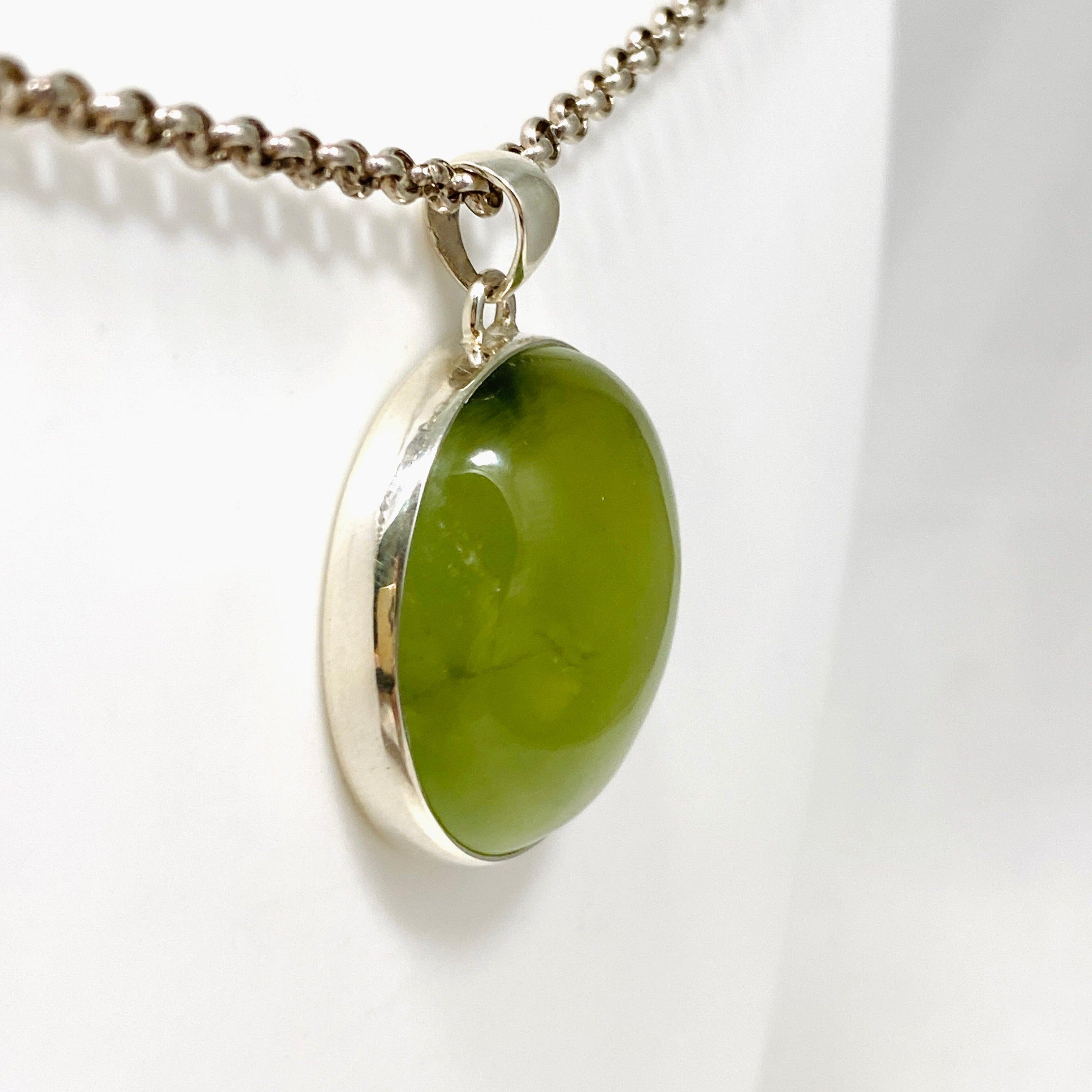 Natural Australian Prehnite Round Pendant Necklace - 925 Sterling Silver Jewelry for Women - Elegant Gift for Birthday, Anniversary & Special Occasions