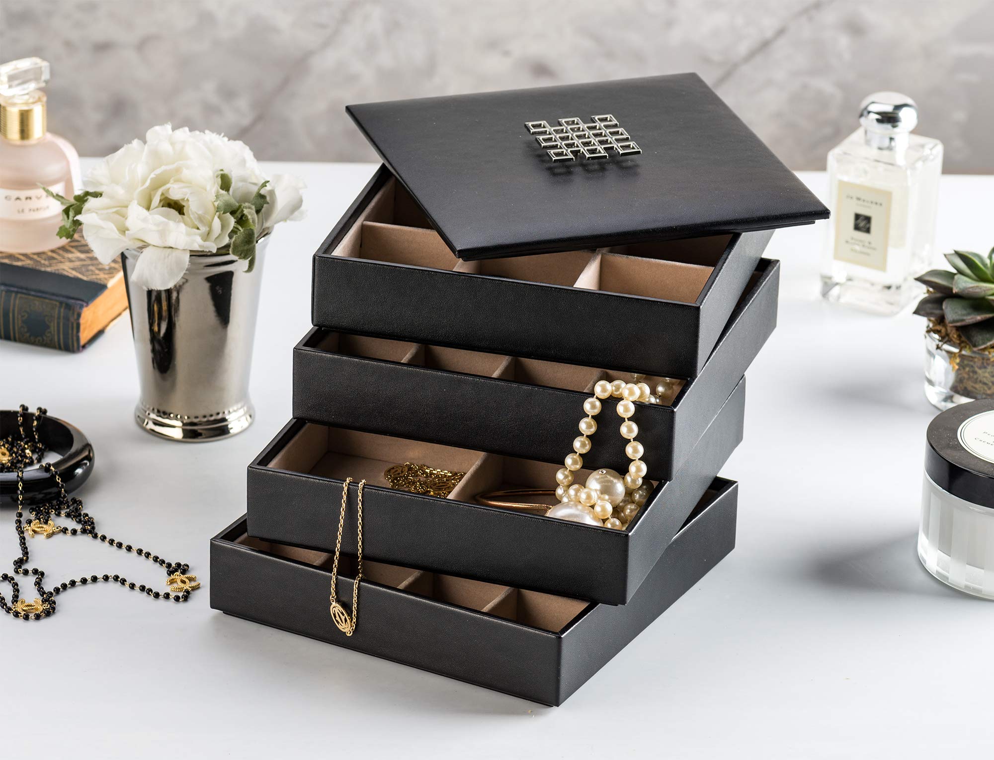 Stackable Jewelry Organizer Tray with Lid - 45 Slot Earring Holder & Necklace Display Case - Large Mirror Dresser Storage for Rings, Earrings (Black) - Perfect for Bedroom Vanity & Travel Jewelry Organization