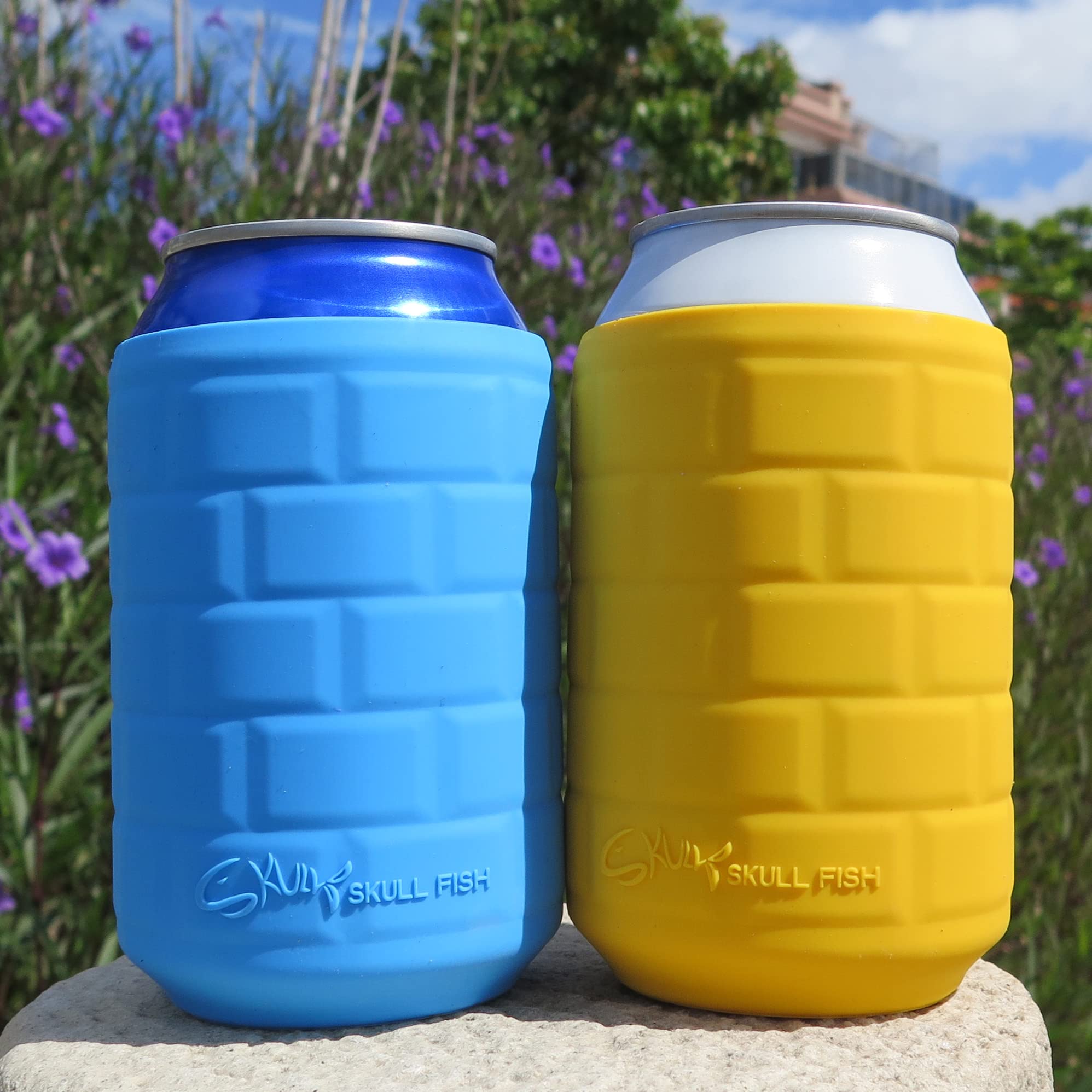 2 Pack Soft Silicone Sleeves Insulators for 12OZ Standard Soda/Beer/Drink Cans - Reusable Cold Insulating Covers & Cooler Holders (Blue & Yellow) - Perfect for Parties, BBQs, and Outdoor Events
