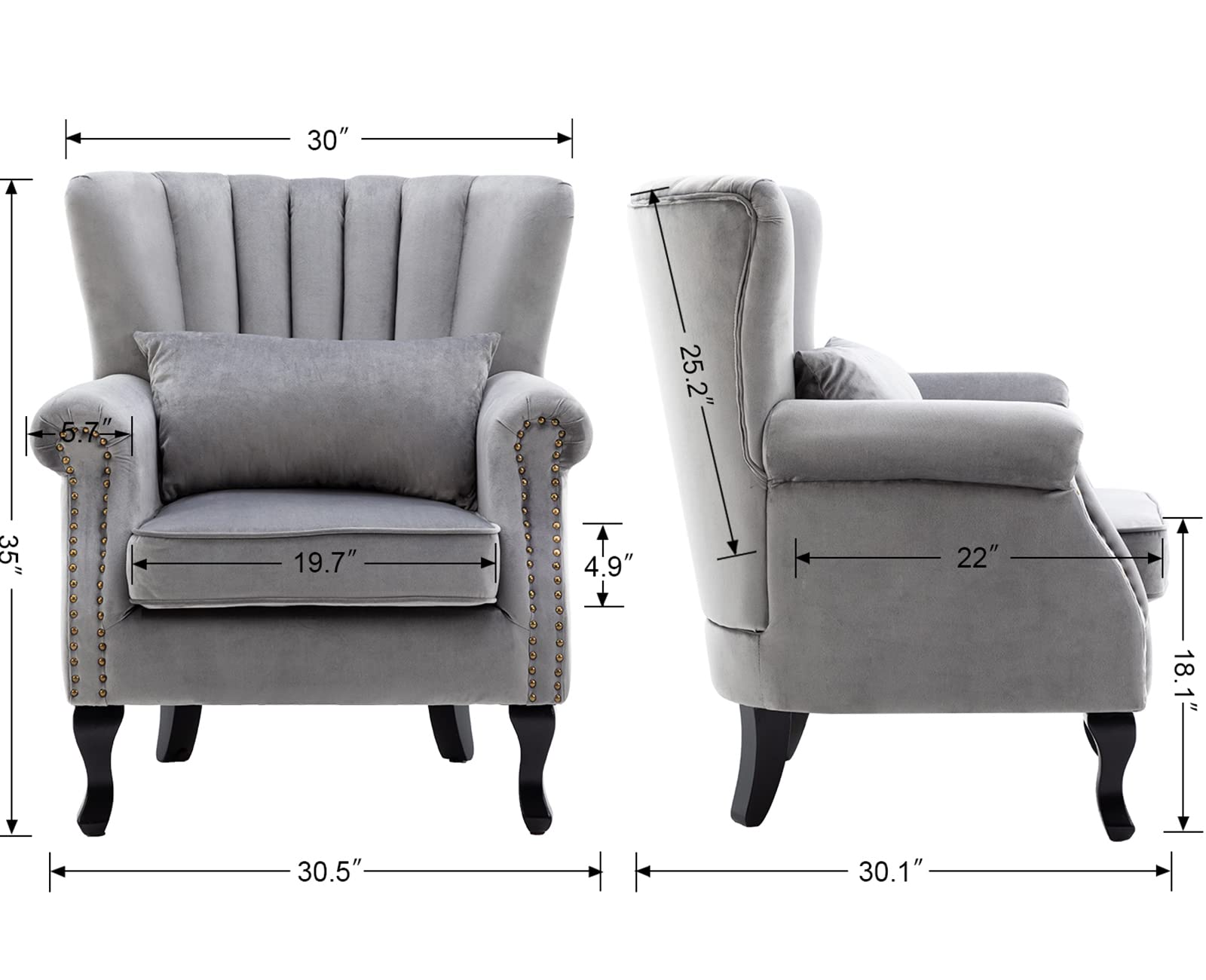Luxury Grey Velvet Wingback Accent Chair with Nail-Head Trim & Tufted Back - Oversized Club Chair with Pillow for Living Room, Bedroom, Guest Room - Perfect for Reading Nook, Home Office & Lounge Areas