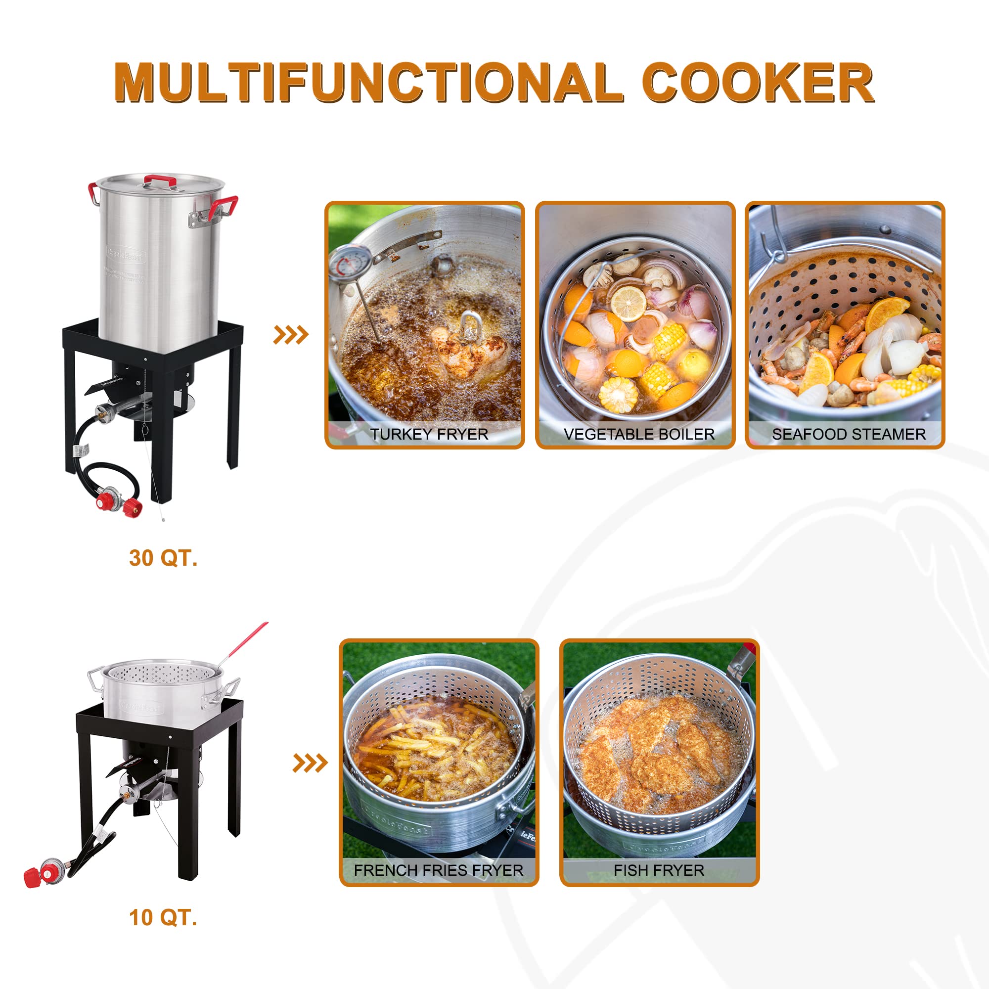 TF30TG Turkey Fryer Set - 50,000 BTU Propane Burner with 30 Qt & 10 Qt Aluminum Pots, Fish Boiler Steamer Kit & Heat-Resistant Gloves - Perfect for Thanksgiving, Outdoor Cooking, Backyard BBQs, and Camping Trips