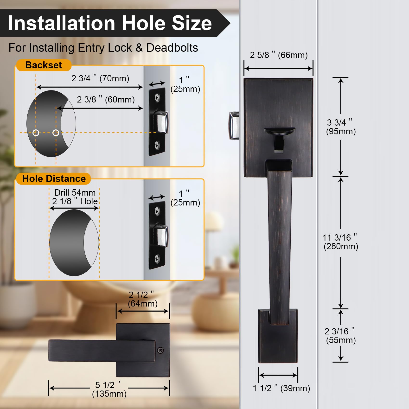 Azdele Bronze Front Door Handle Set - Oil Bronze Entry Door Lever with Reversible Right/Left Hand Design - Venetian Bronze Lower Half Lever for Home Security & Elegant Entrance (Ideal for Front Doors, Entryways & Main Gates)