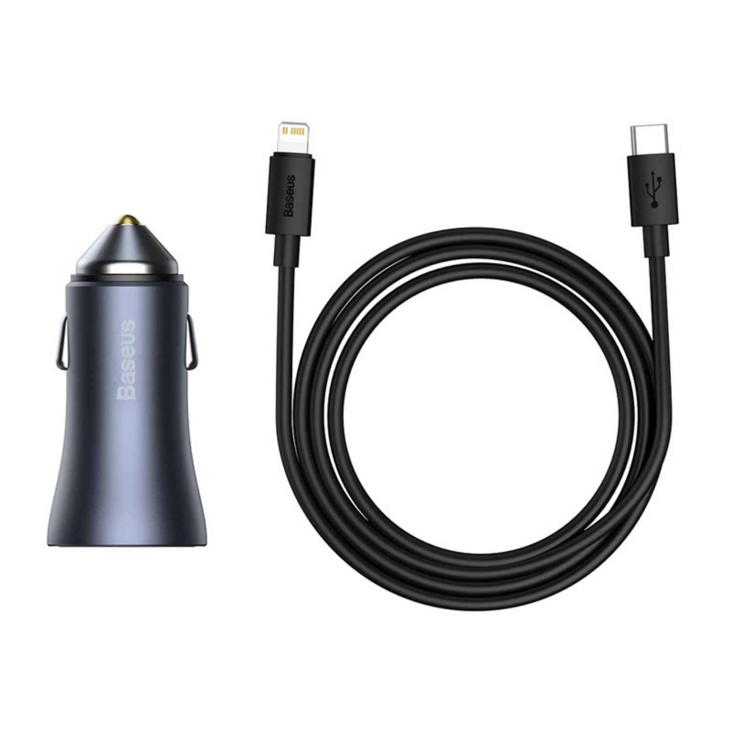 Baseus 40W Fast Car Charger with Dual USB & USB-C Ports + 1M Lightning Cable - Gray | Quick Charge for iPhone, Android & More | Perfect for Road Trips & Daily Commute