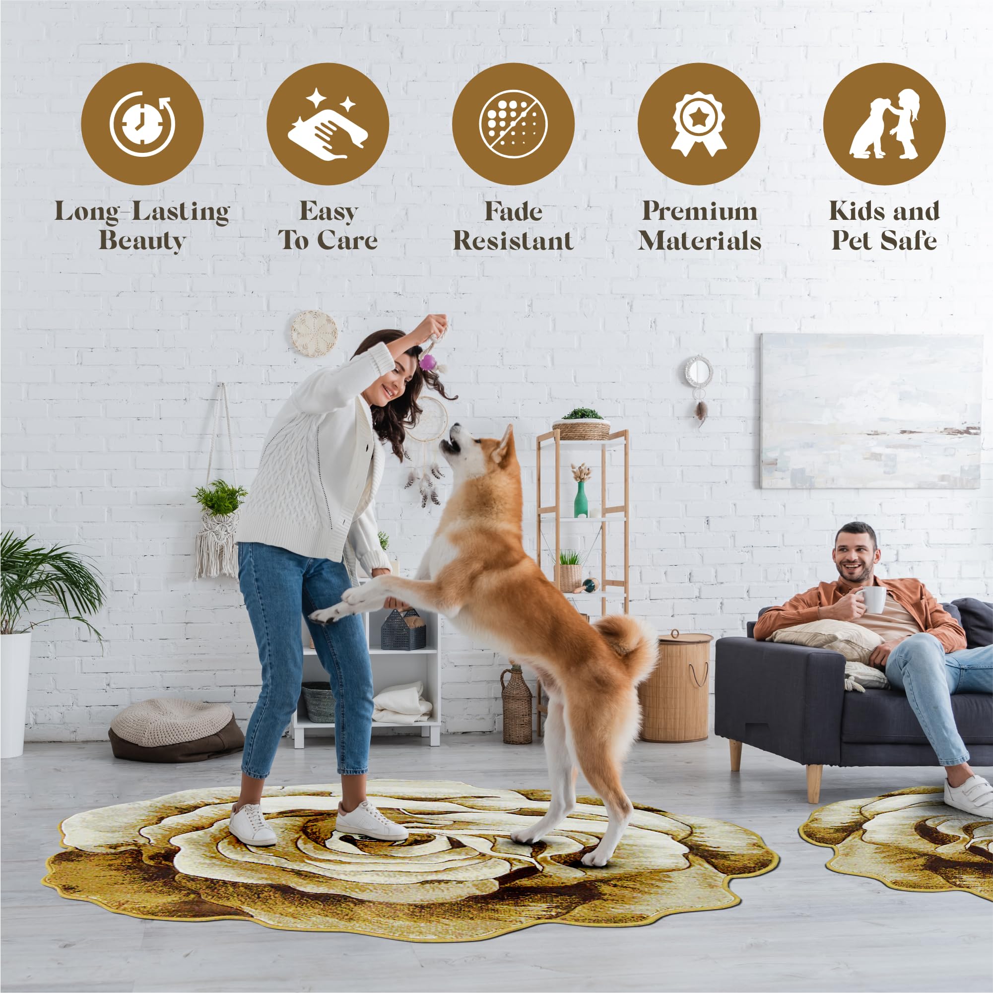 5ft Round Rose Area Rug - Plush Flower Shaped Carpet for Bedroom & Living Room | Soft Girly Circle Rug in Beige 304 | Perfect for Boho Decor, Nursery Floor & Cozy Home Accent