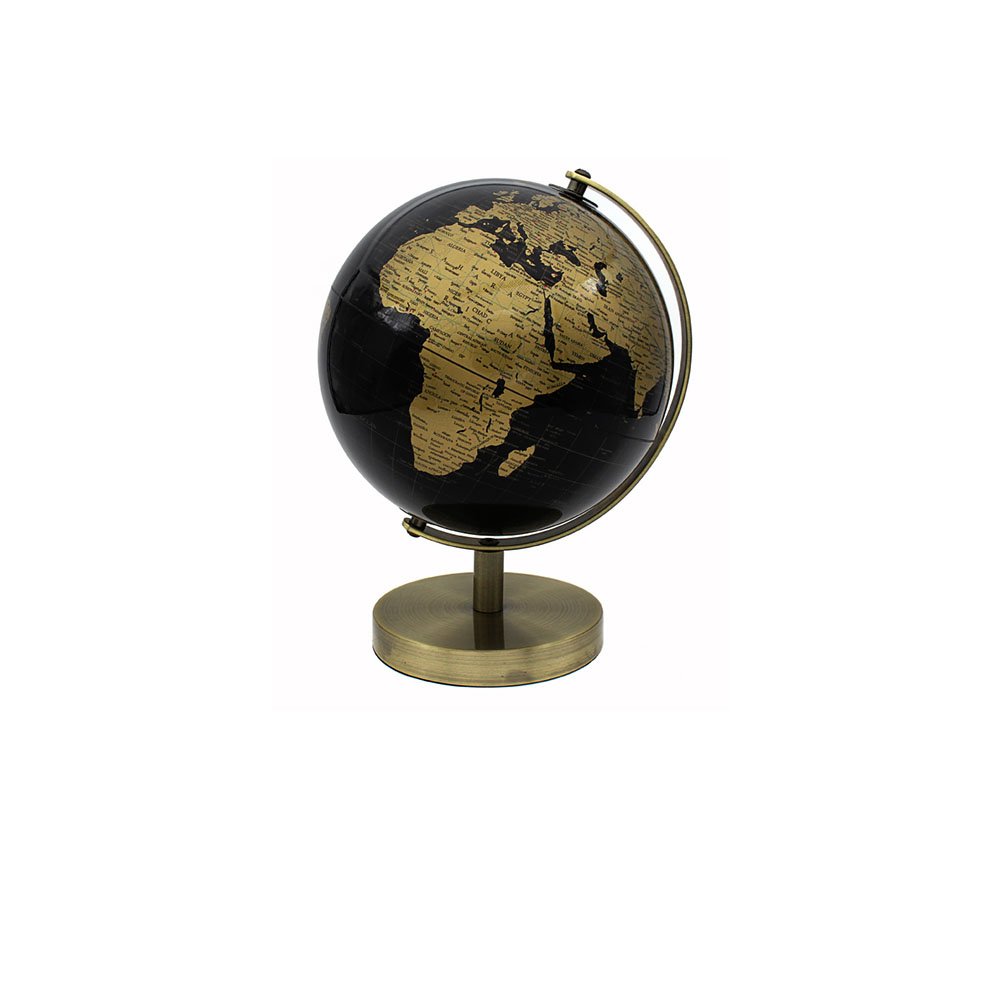 Vintage Rotating Gold & Black World Globe with Metal Stand - 27cm Decorative Desk Globe for Home Office, Geography Study & Travel Decor
