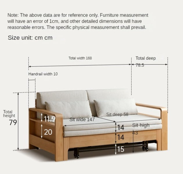 Solid Wood Sleeper Sofa - Beech & Oak Multi-Functional Convertible Sofa Bed for Living Room, Guest Room & Small Spaces