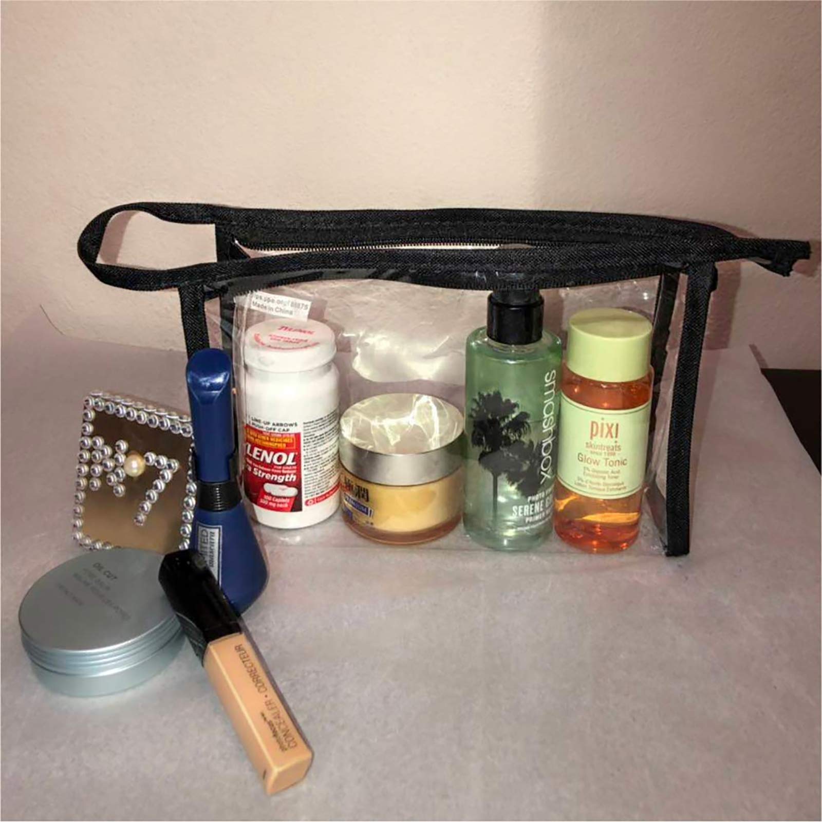 Clear Makeup Bag Waterproof Travel Toiletry Pouch with Zipper - Multi-purpose Cosmetic Organizer for Women, Gym, Beach & Airplane Essentials (Black)