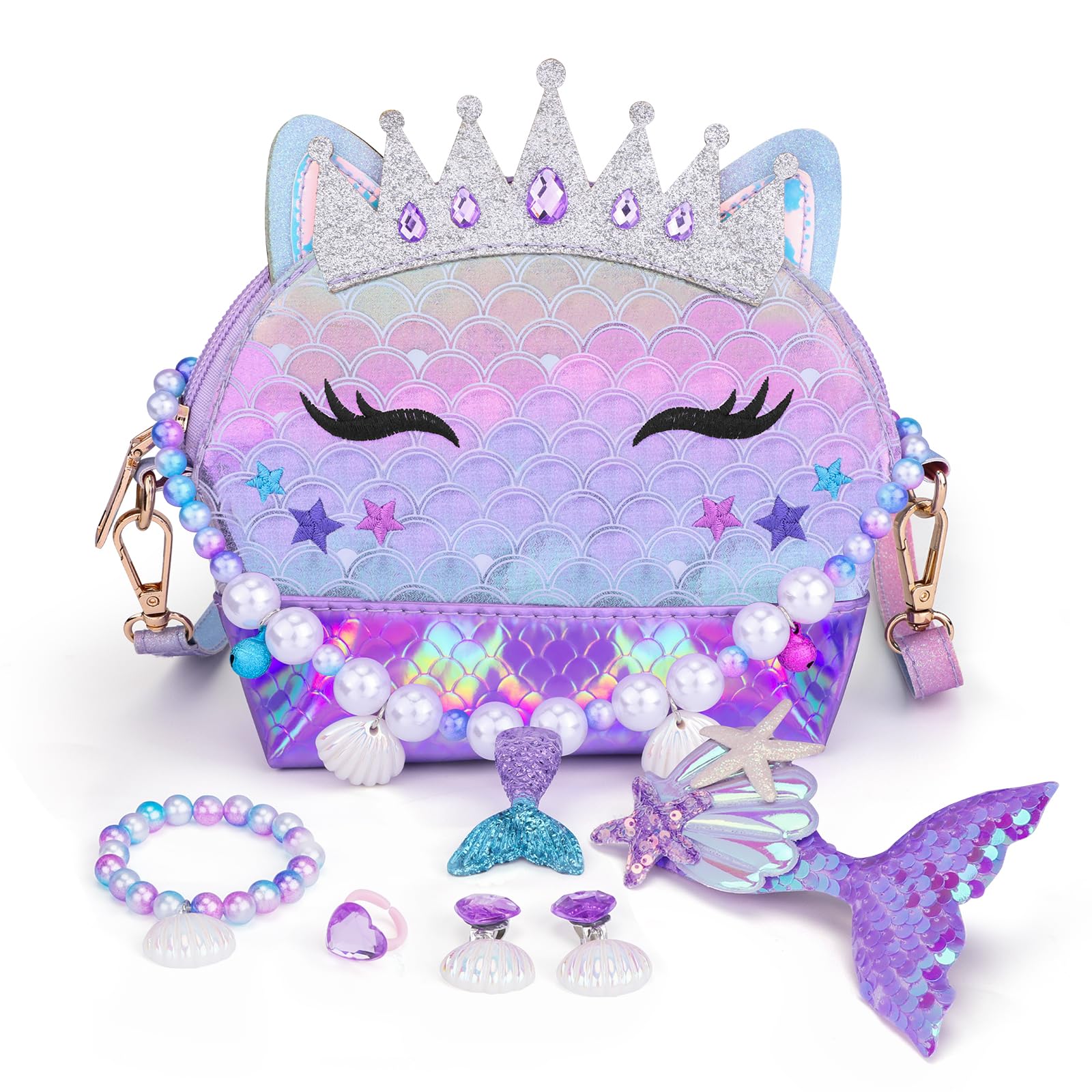 Belle&Birdie 6Pcs Little Girl Purse Set - Toddler Pretend Play Accessories with Dress Up Jewelry & Play Toys for Kids | Perfect for Birthday Gifts, Tea Parties & Dress-Up Games