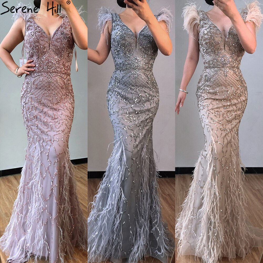 Serene Hill Lilac Mermaid V-Neck Evening Dress 2025 with Feathers & Beading - Luxury Sexy Formal Gown for Prom, Wedding & Red Carpet Events | LA70572