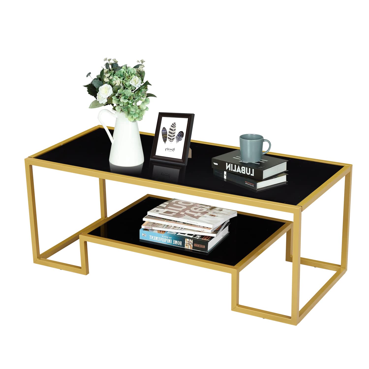 Modern Brass Accent Coffee Table with Storage Shelf - 2-Tier Tempered Glass Center Table for Living Room, Office & Waiting Areas - Black & Gold Finish - Perfect for Small Spaces, Home Decor & Hospitality Settings