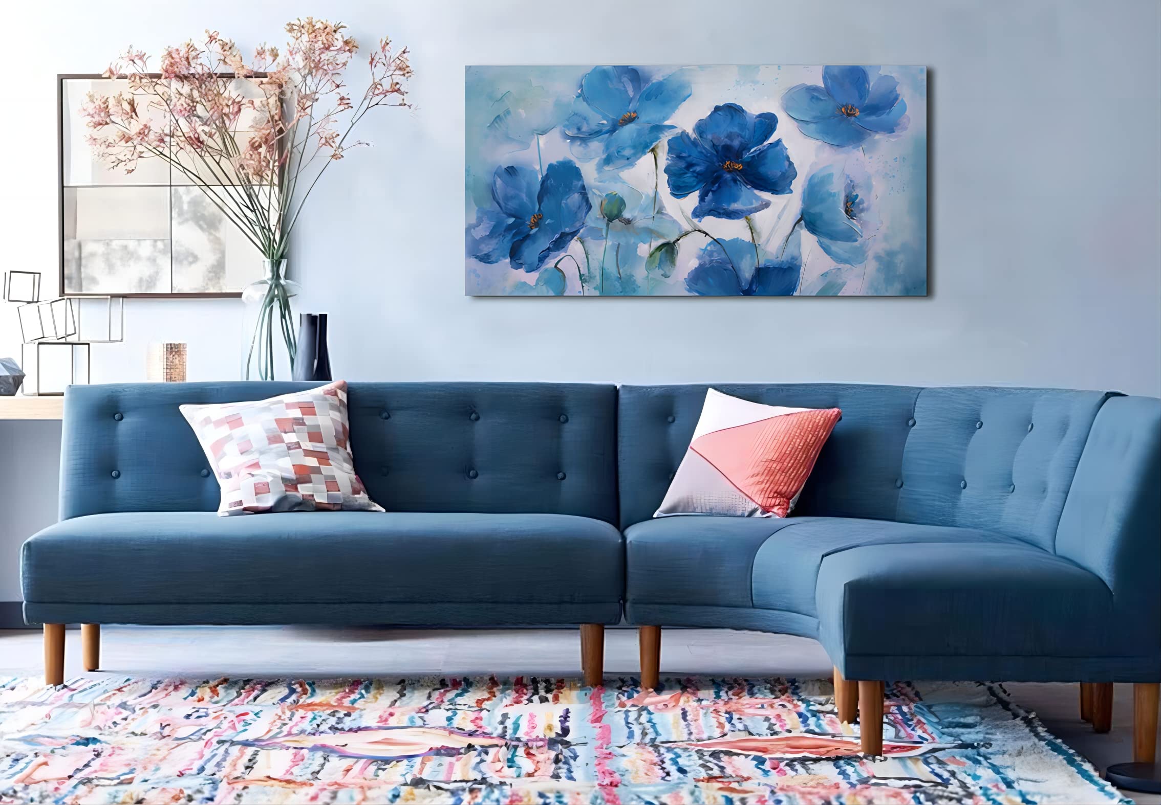 Large Blue Floral Canvas Wall Art - 24x48 Inch Framed Abstract Flower Print, Modern Home Decor for Bedroom & Living Room | Ready to Hang | Perfect for Housewarming Gifts & Interior Design