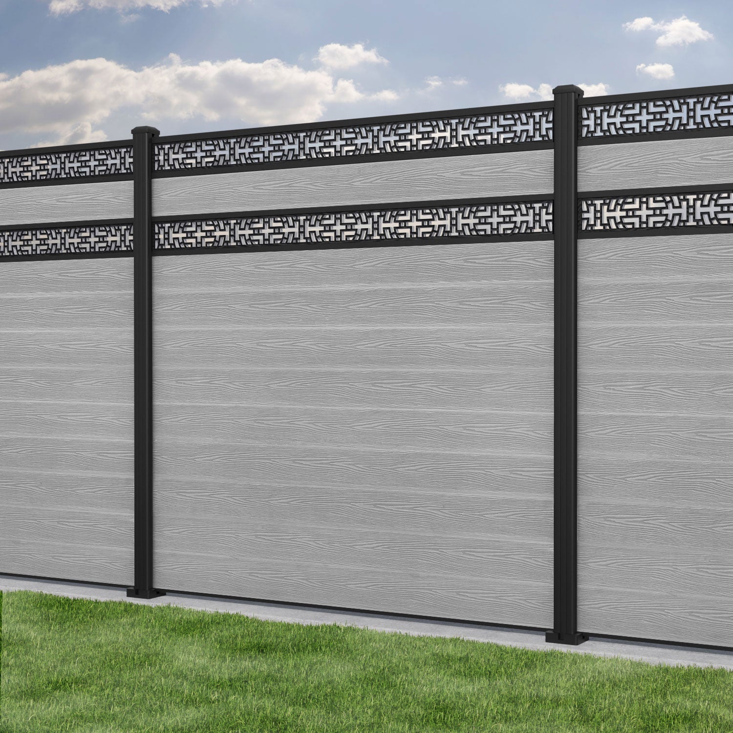 Classic Kumo Split Screen Fence Panel - Light Grey Aluminum Privacy Screen with Durable Posts for Patio, Deck, and Garden Partition | Outdoor Decorative Fencing Solution