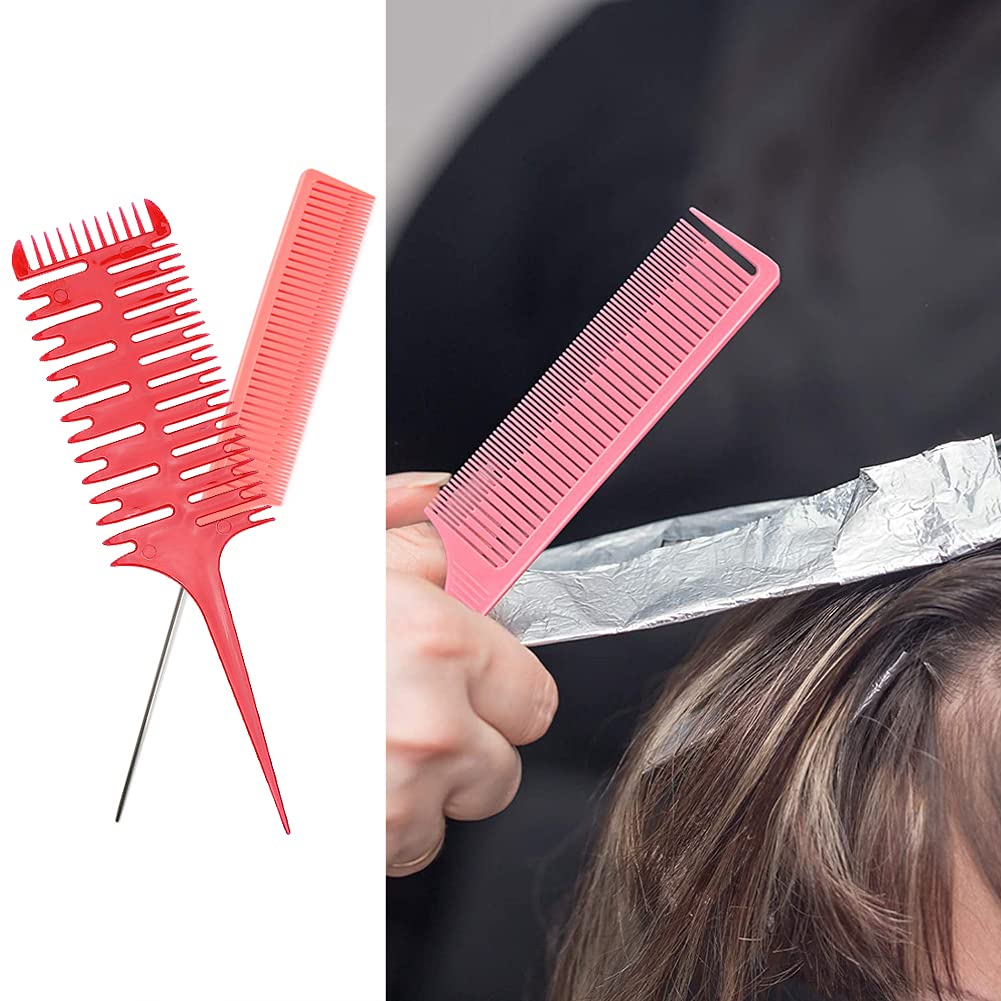 Professional Metal Rat Tail Teasing Comb - 4 Pcs Hair Styling & Highlighting Combs for Barber, Home Hairstylist & Weaving | Perfect for Salon, DIY Hair Dyeing & Foiling Techniques (Red)