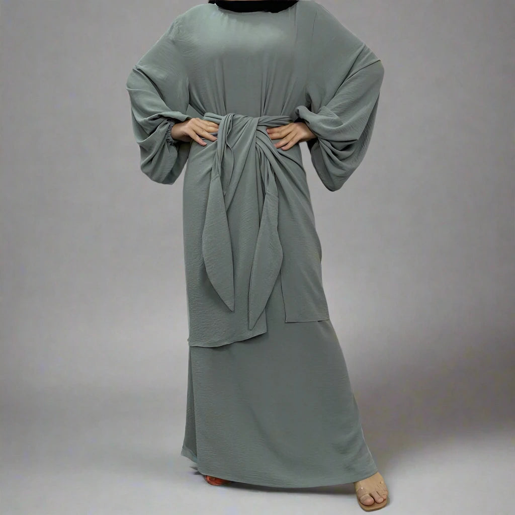 Elegant Solid Color Muslim Women's Abaya Dress with Mid Wrap - Modest Islamic Prayer Dress for Daily Wear & Special Occasions