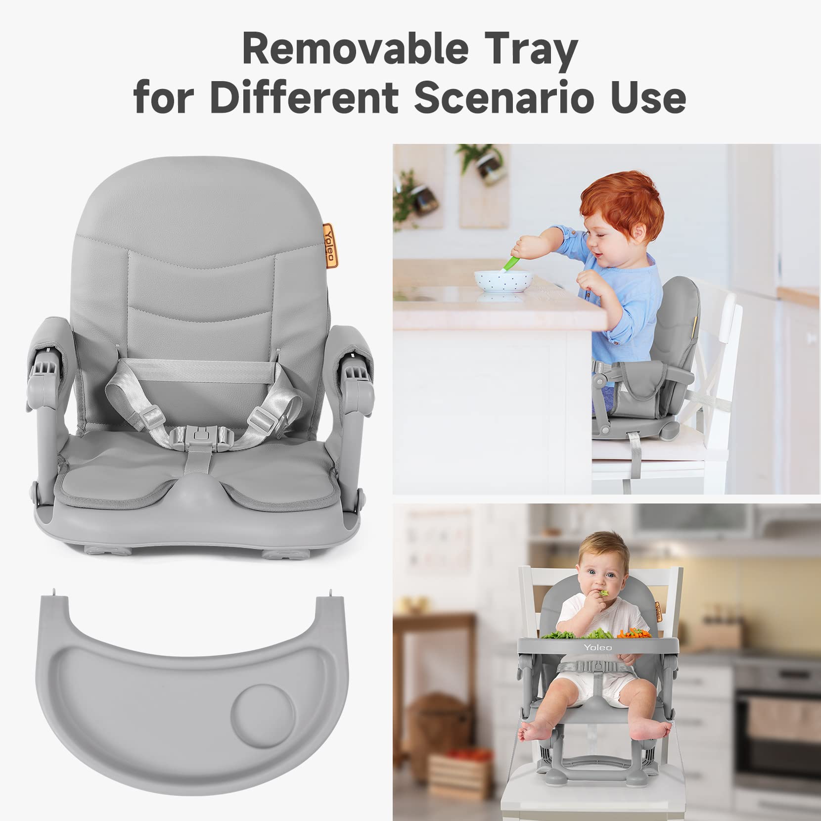 YOLEO Adjustable Baby High Chair Booster Seat for Dining Table - Portable Toddler Travel High Chair with Removable Tray & Washable Cushion - Foldable Design for Home & Restaurant Use (Grey)