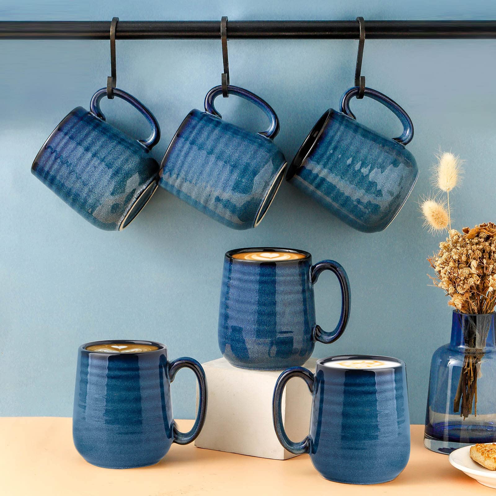 Hasense 12oz Ceramic Coffee Mugs Set of 6 - Blue Handled Tea Cups for Coffee, Tea & Cocoa - Dishwasher & Microwave Safe - Perfect for Home, Office & Gifts