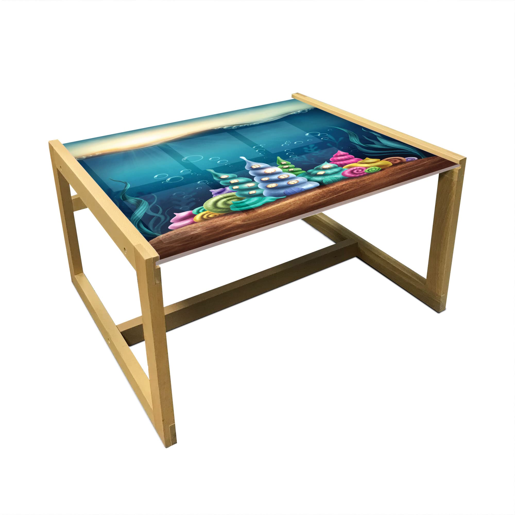 Ambesonne Ocean Themed Coffee Table - Underwater Fantasy Kingdom with Shell Houses & Water Bubbles Cartoon Print, Acrylic Glass Top & Wooden Frame - Medium Size Teal Brown - Perfect for Offices, Dorms, Living Rooms & Coastal Decor