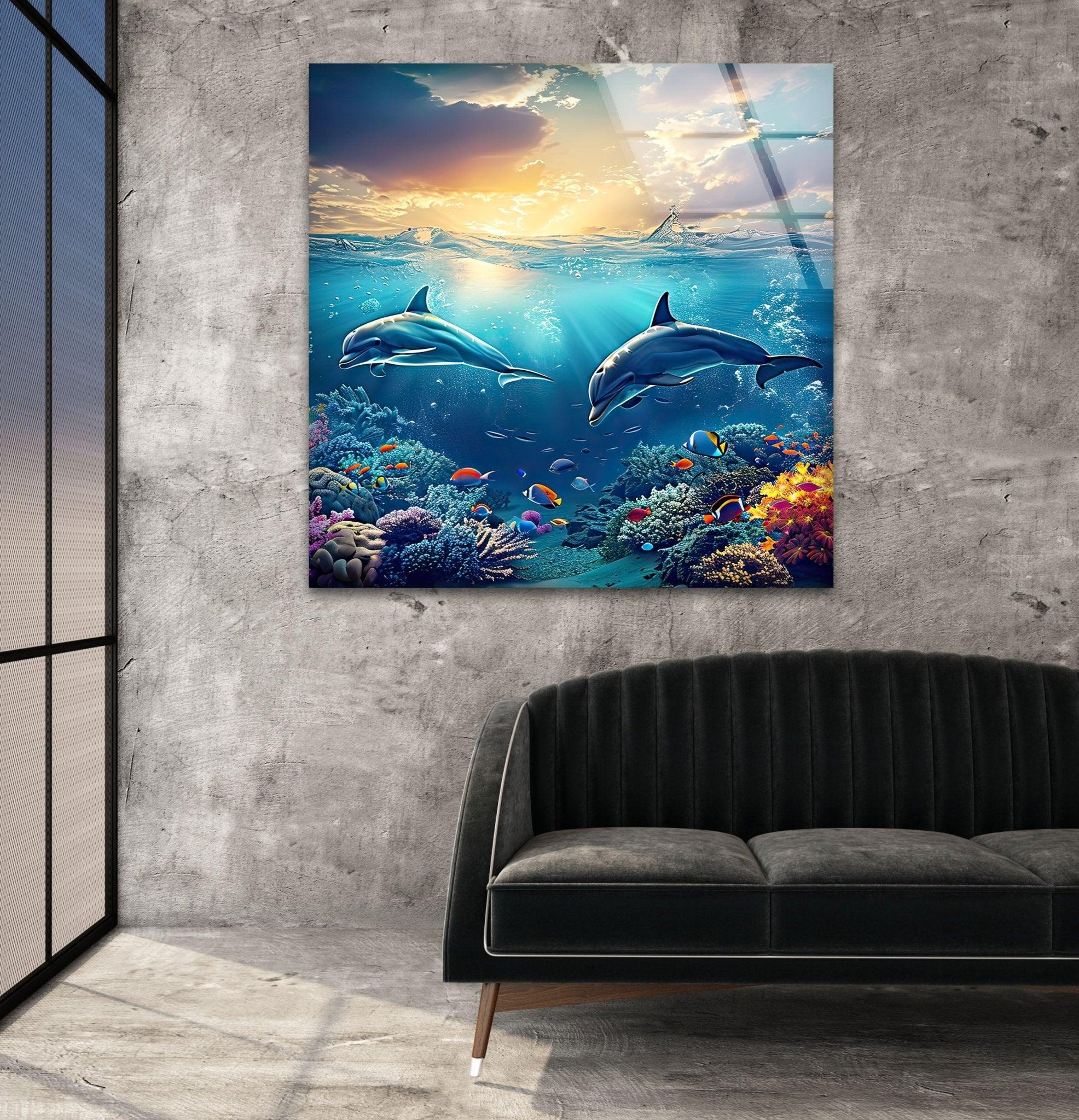Stunning Dark Blue Dolphins Glass Wall Art - Handmade Ocean Themed Decor for Living Room, Bedroom & Office