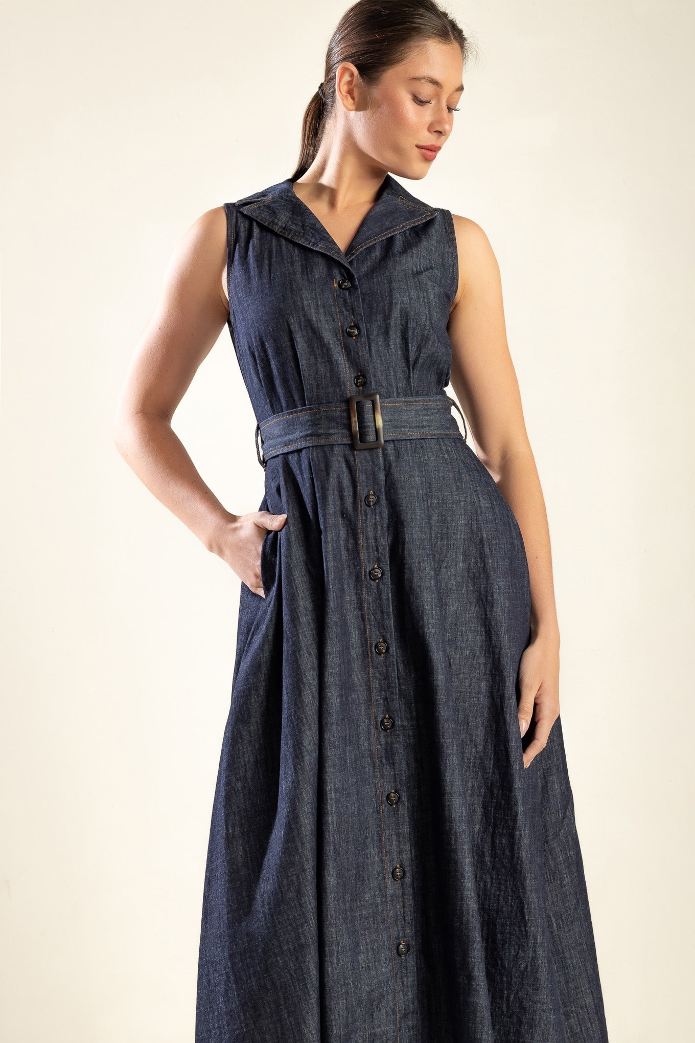 OASIS OF CALM Indigo A-Line Denim Midi Dress - Perfect for Casual Outings, Brunch Dates & Summer Fashion