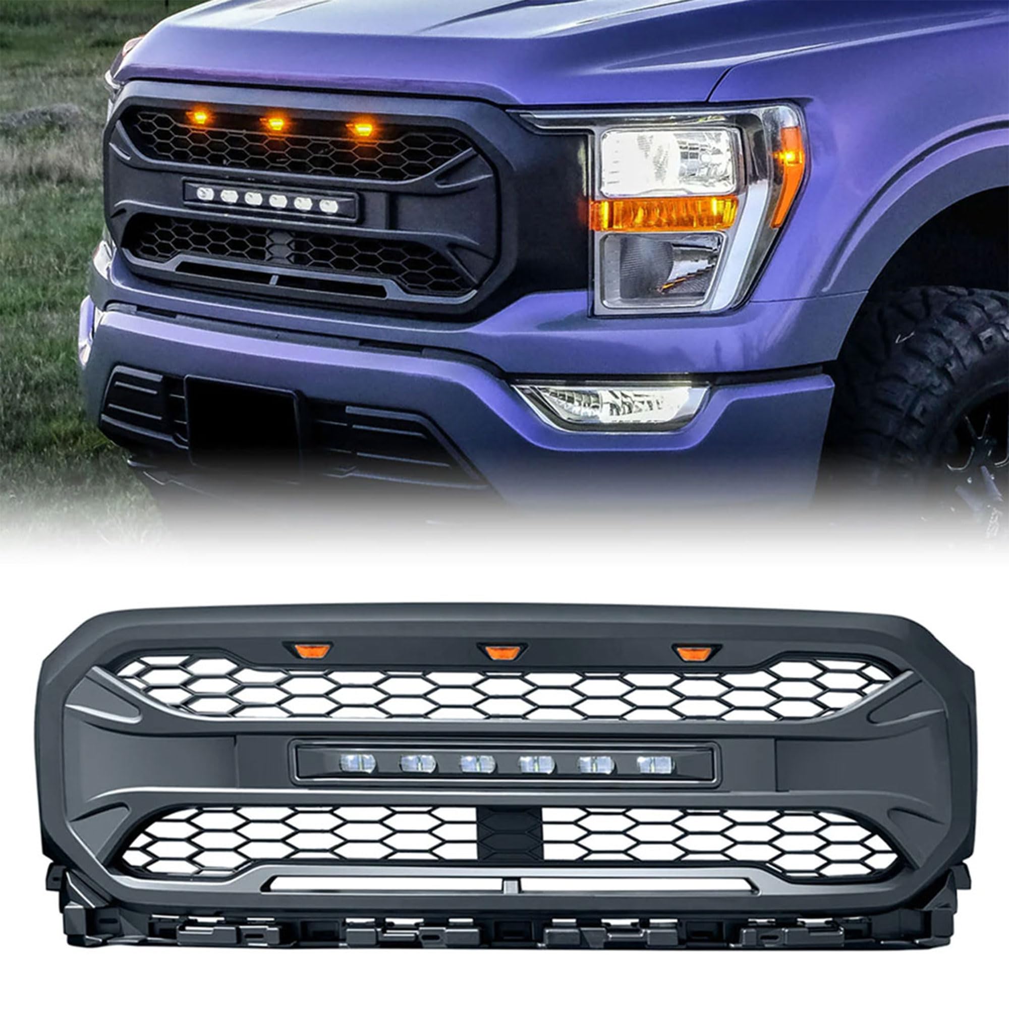 2021-2023 Ford F150 Front Grille Replacement - Matte Black Mesh Grill with Off-Road Lights (No Camera Hole) | Durable Aftermarket Upgrade for Enhanced Style & Off-Road Performance | Perfect for Truck Enthusiasts & Outdoor Adventures