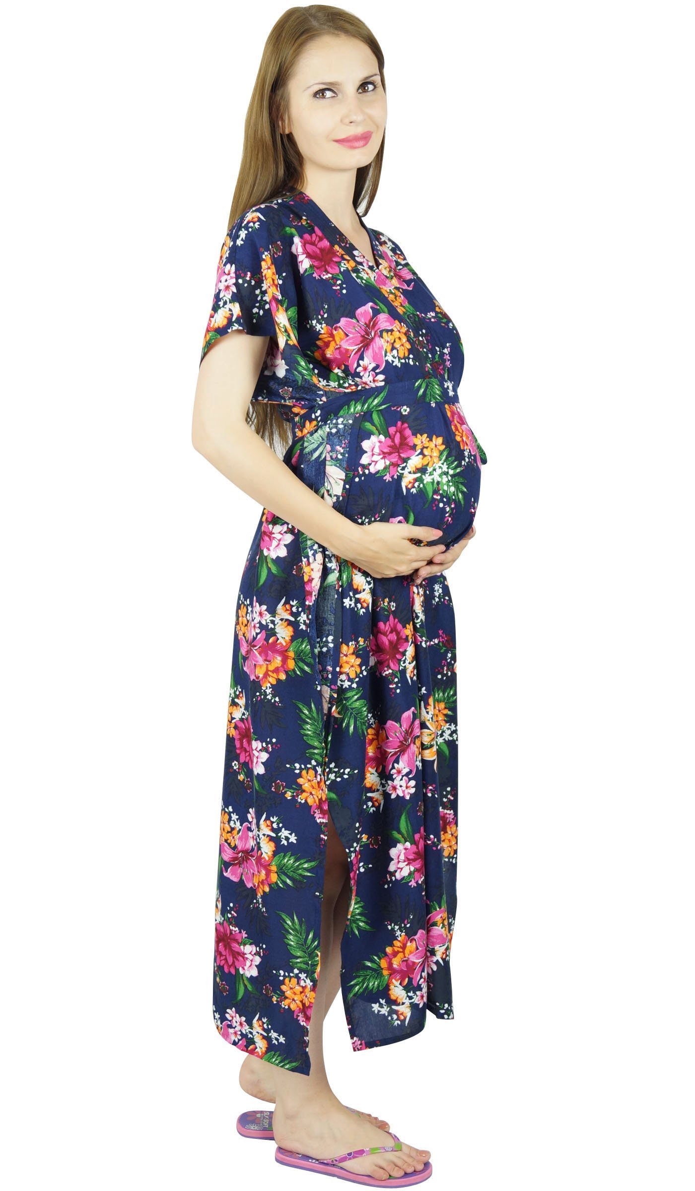 Bimba Maternity Kaftan Dress with Belt - Rayon Nursing Nightgown with Front & Back Buttons - Comfortable Blue Pregnancy & Postpartum Wear for Breastfeeding, Hospital Stay & Home Relaxation
