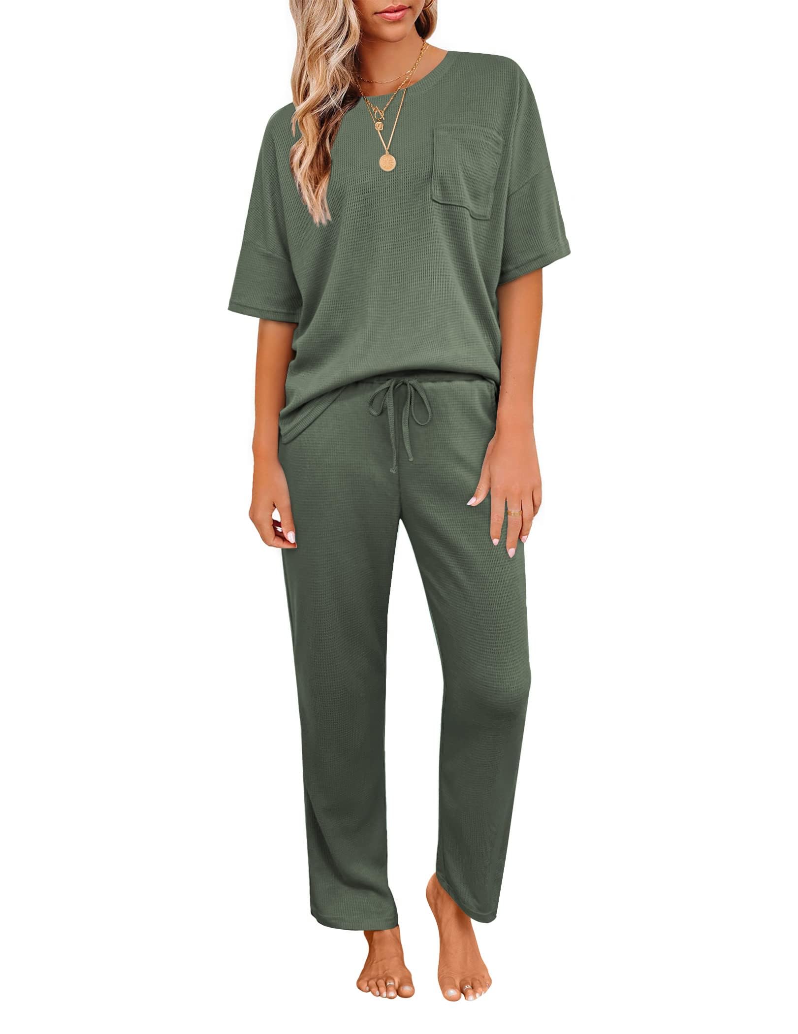 JiniGolla Women's Waffle Knit Pajama Set - Soft Short Sleeve Shirt & Long Pajama Pants for Sleepwear & Lounge Wear - Cozy Nightwear for Relaxing at Home or Sleepovers