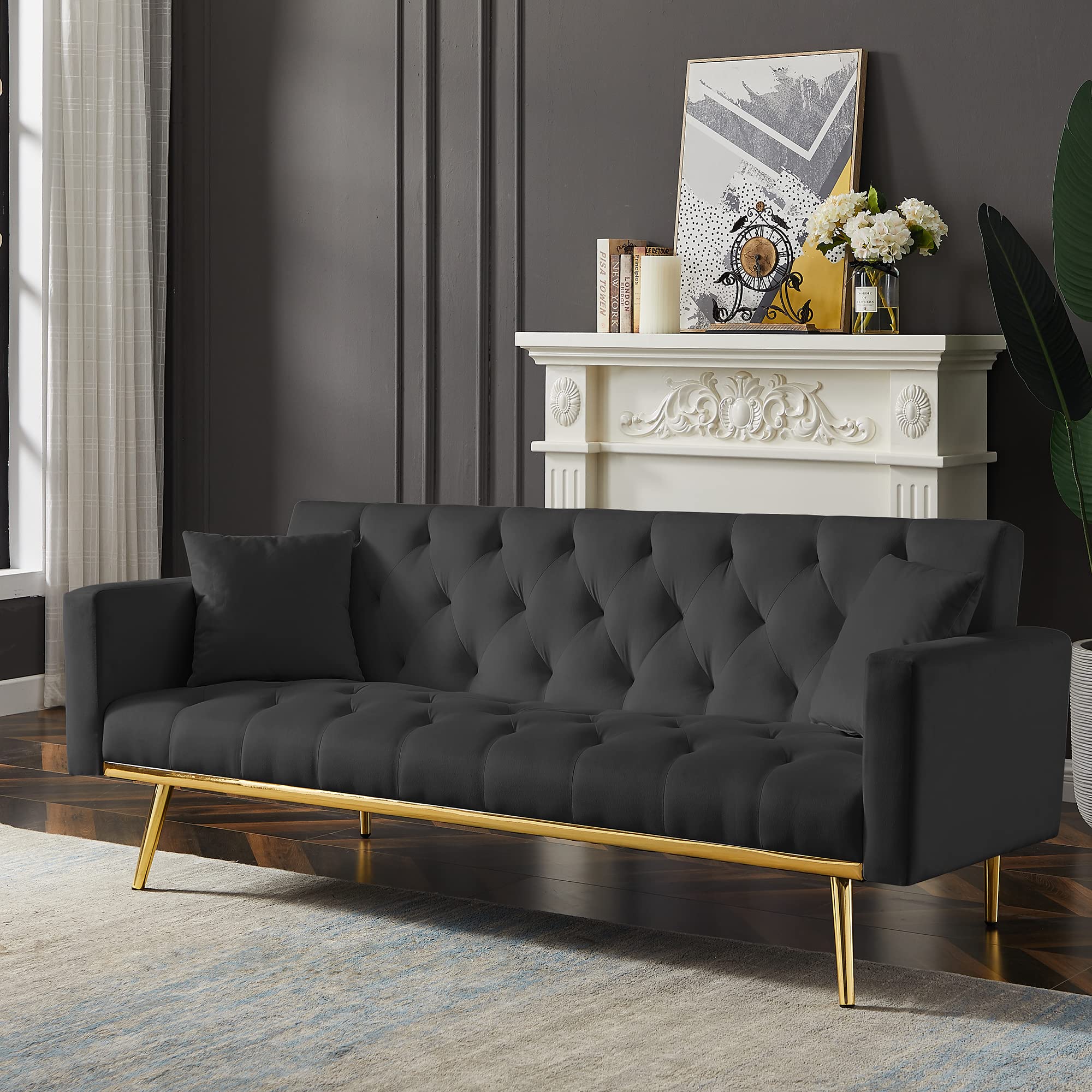 Black Velvet Convertible Futon Sofa Bed with 2 Pillows - 3 Angle Adjustable Backrest, Modern Sleeper Loveseat for Small Spaces | Perfect for Apartments, Dorms & Guest Rooms