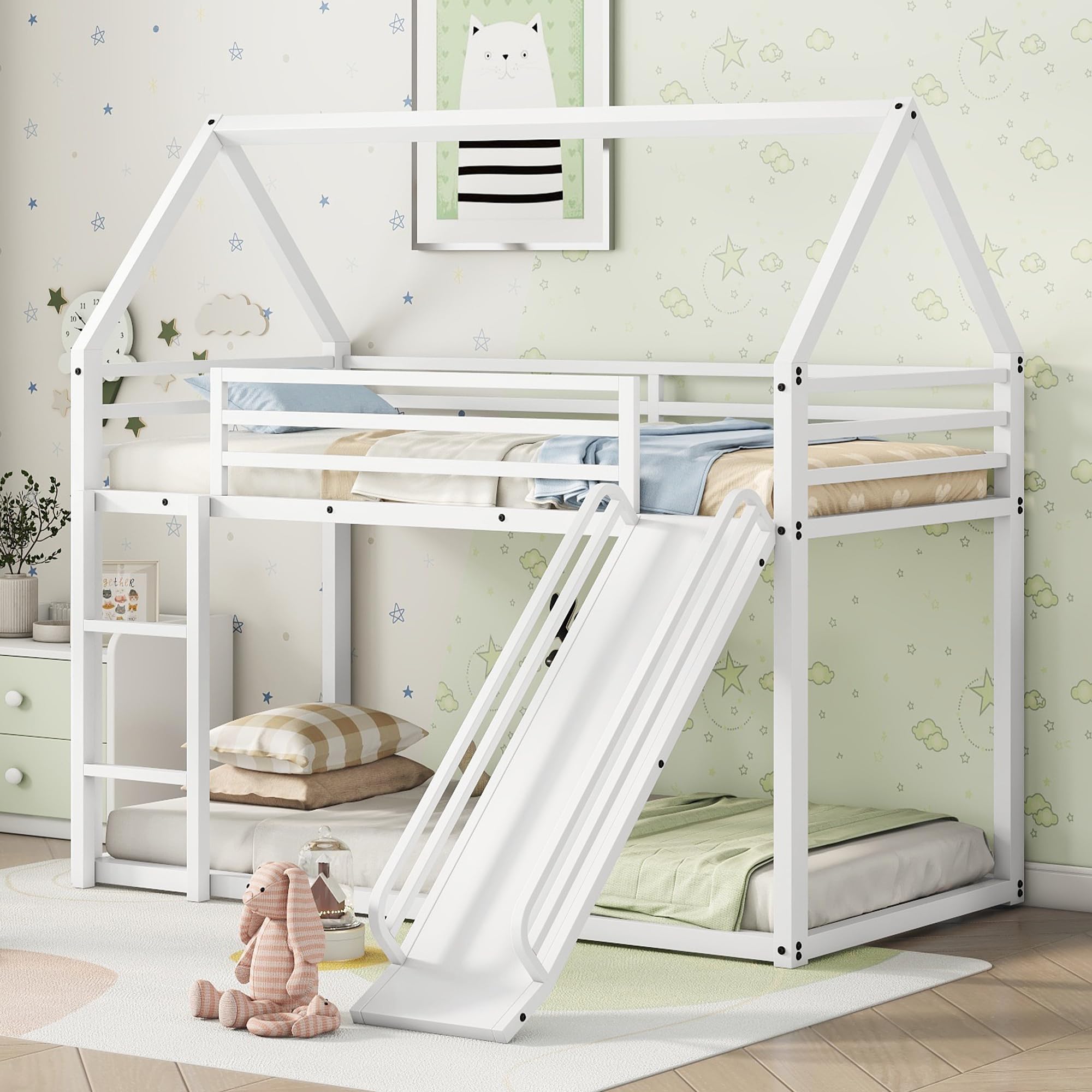 Twin Over Twin Bunk Beds with Slide - Metal House Bunk Bed for Kids & Toddlers - Floor Bunk Beds with Built-in Ladder for Boys & Girls - White - Perfect for Kids' Bedrooms, Sleepovers & Space-Saving Solutions